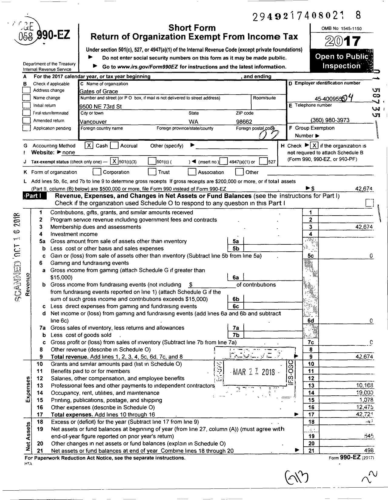 Image of first page of 2017 Form 990EZ for Gates of Grace