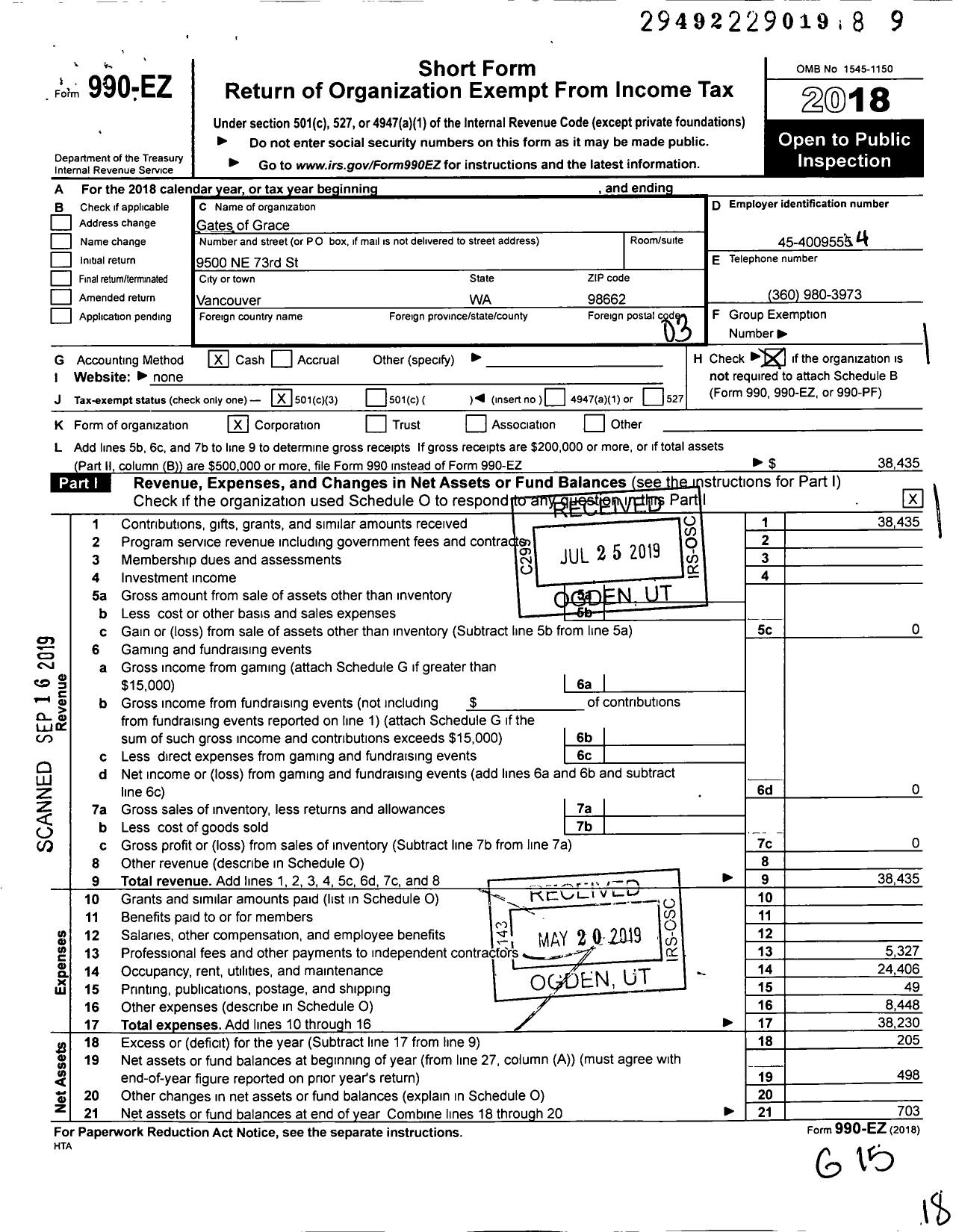 Image of first page of 2018 Form 990EZ for Gates of Grace