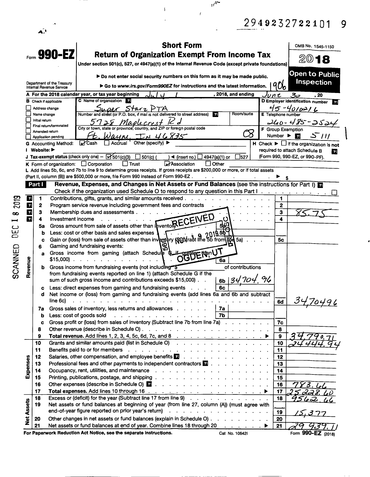 Image of first page of 2018 Form 990EZ for Indiana Congress of Parents and Teachers / Super Starz PTA