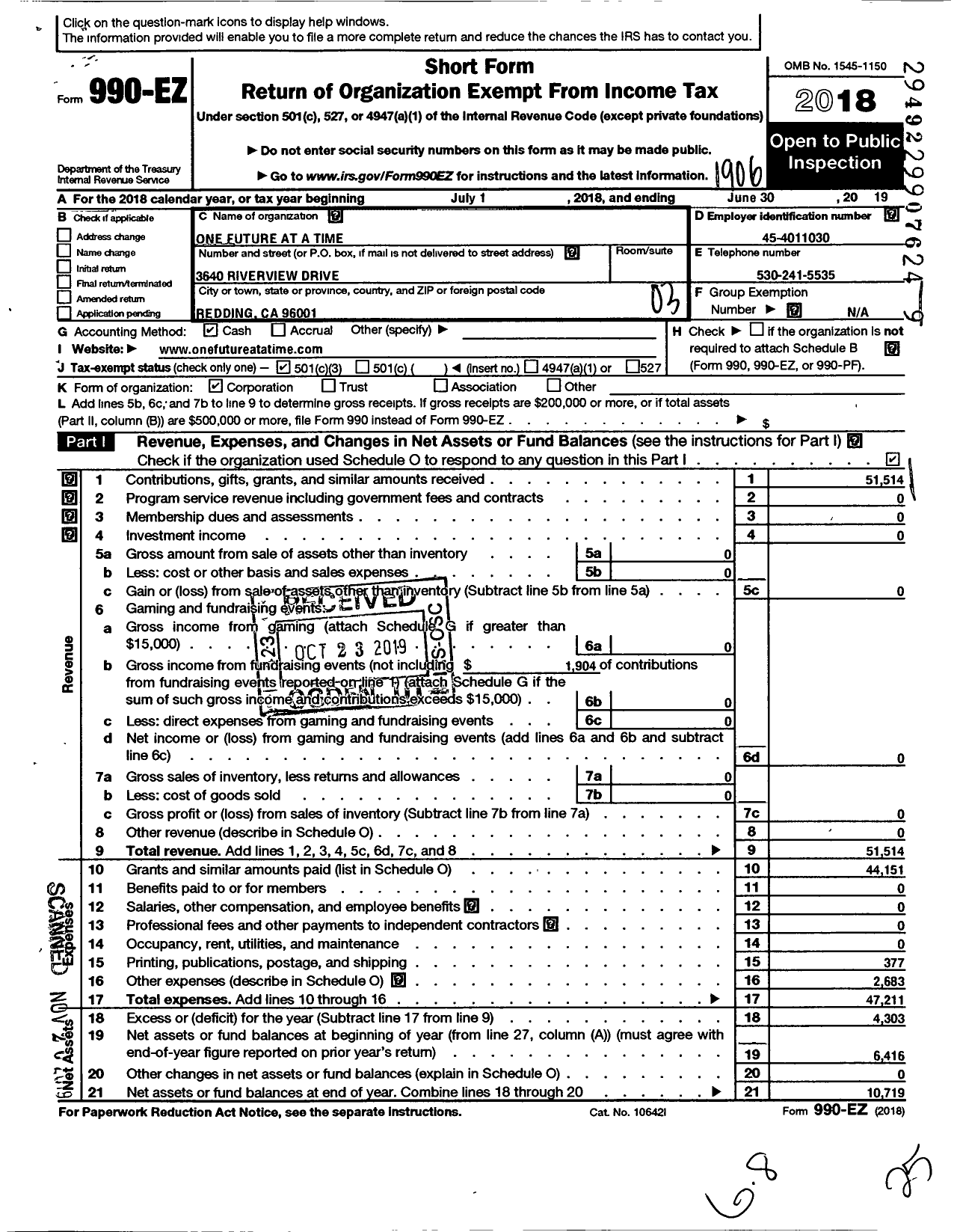 Image of first page of 2018 Form 990EZ for One Future at A Time