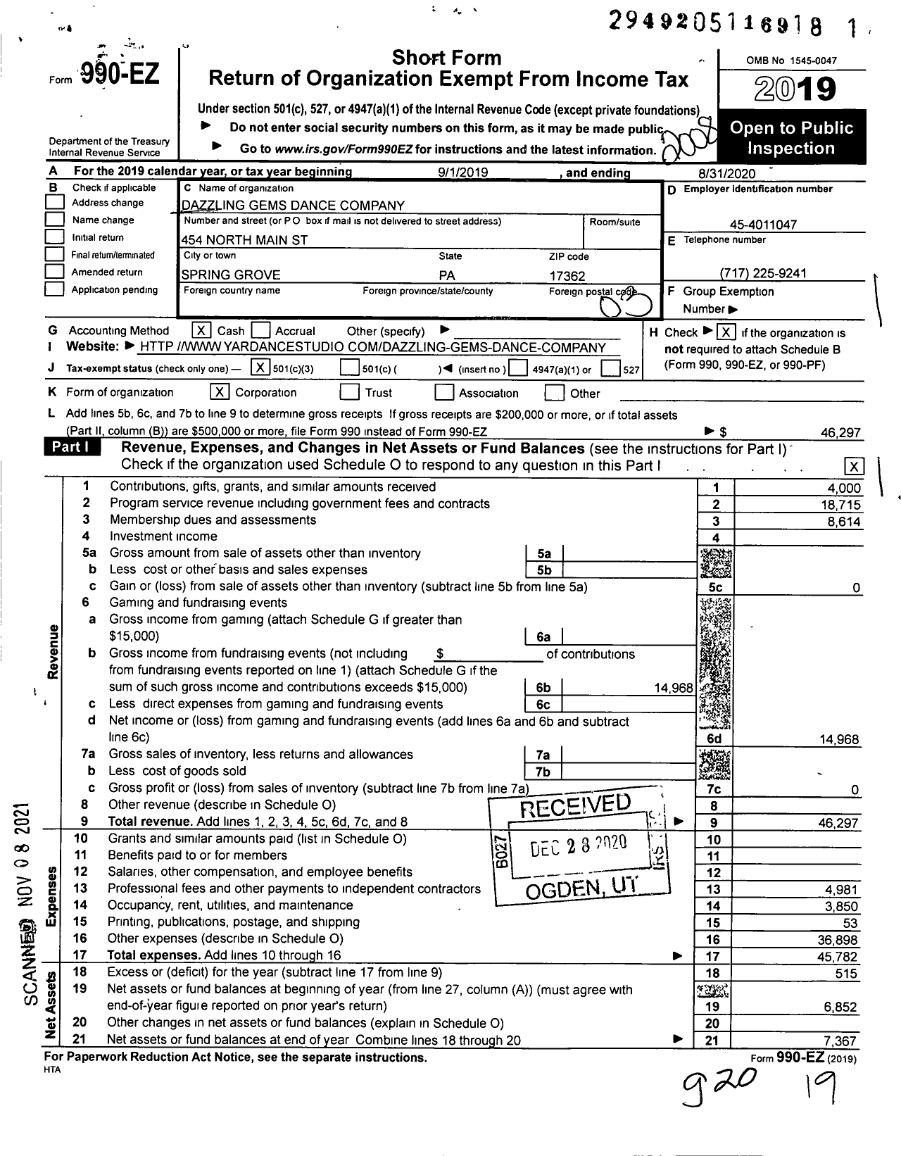 Image of first page of 2019 Form 990EZ for Dazzling Gems Dance Company