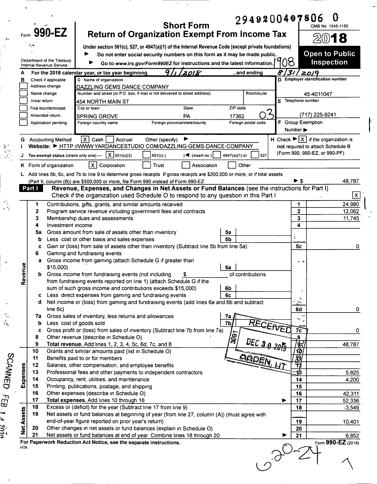 Image of first page of 2018 Form 990EZ for Dazzling Gems Dance Company