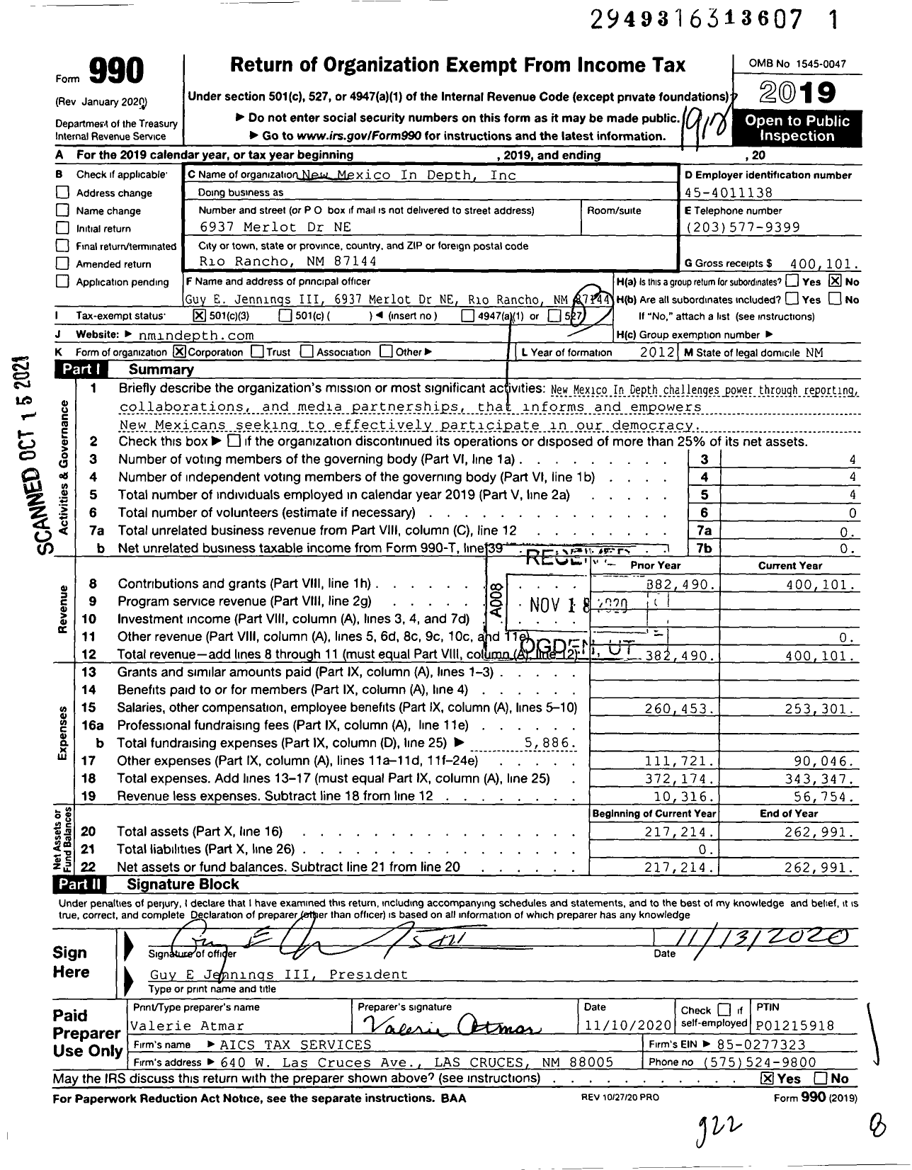 Image of first page of 2019 Form 990 for New Mexico In Depth