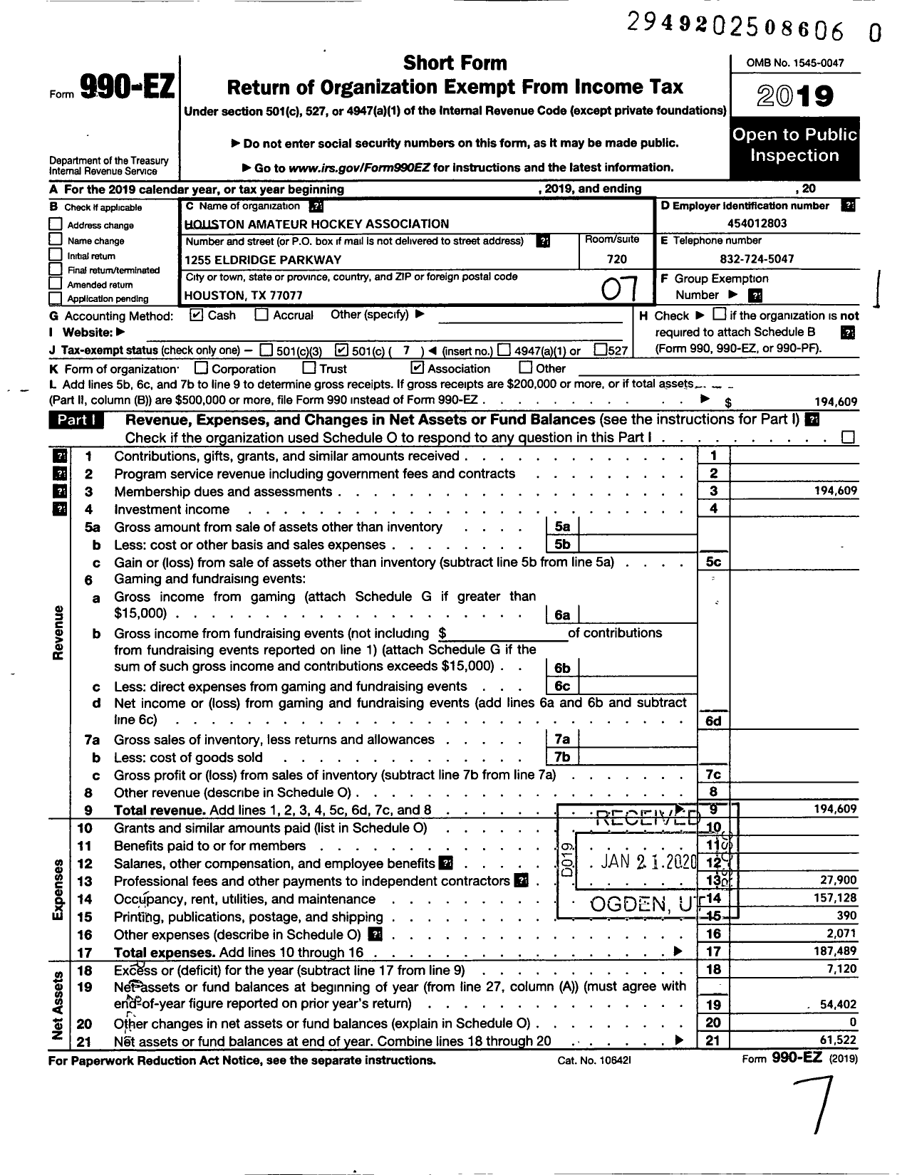 Image of first page of 2019 Form 990EO for Houston Amateur Hockey Association