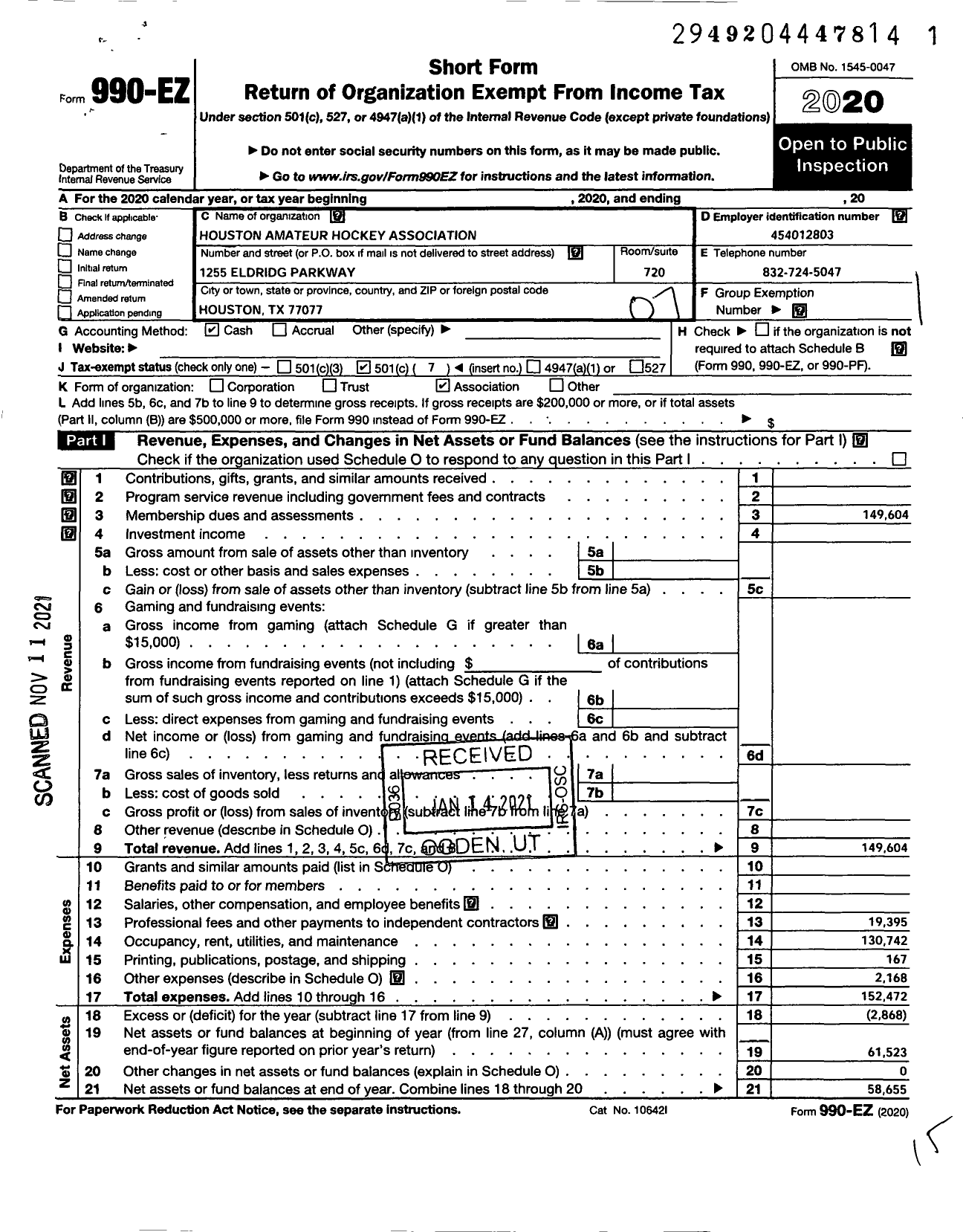 Image of first page of 2020 Form 990EO for Houston Amateur Hockey Association