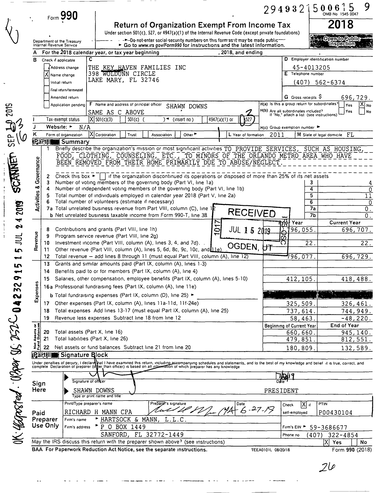 Image of first page of 2018 Form 990 for The Key Haven Families