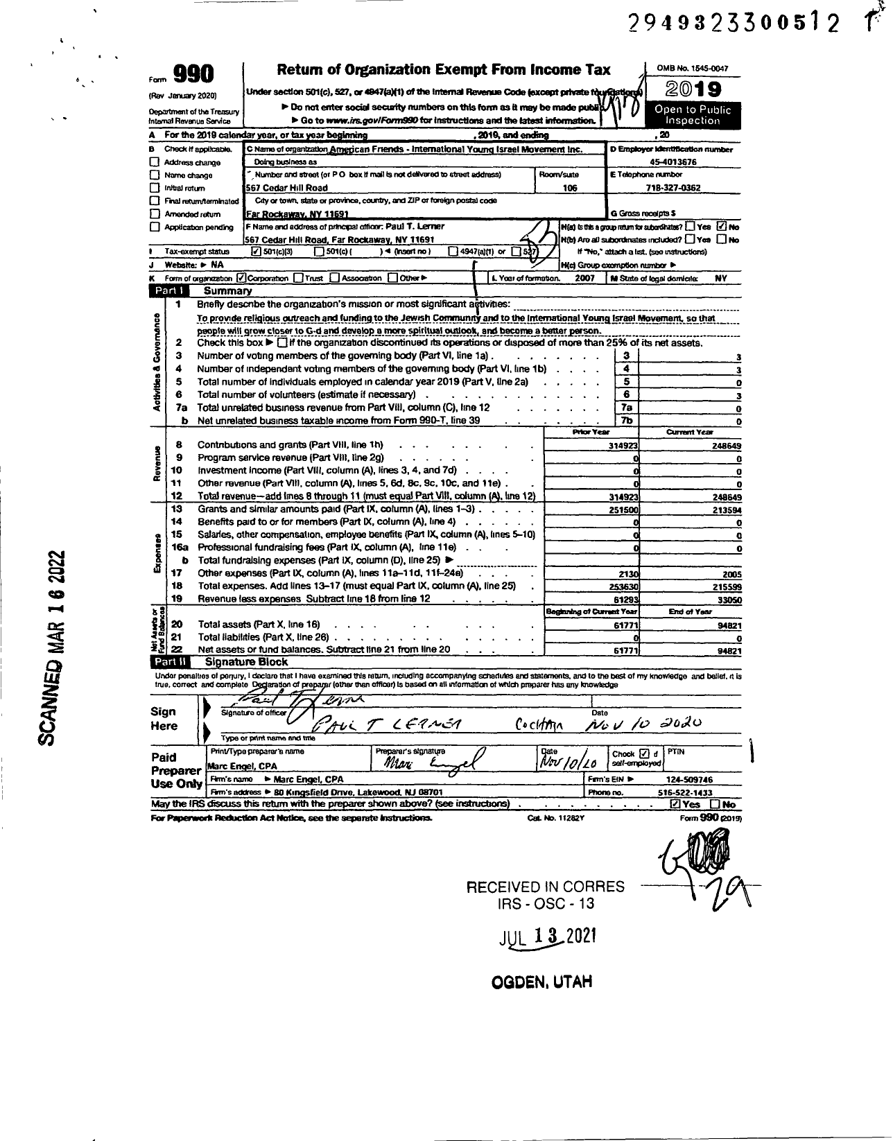 Image of first page of 2019 Form 990 for American Friends-International Young Israel Movement