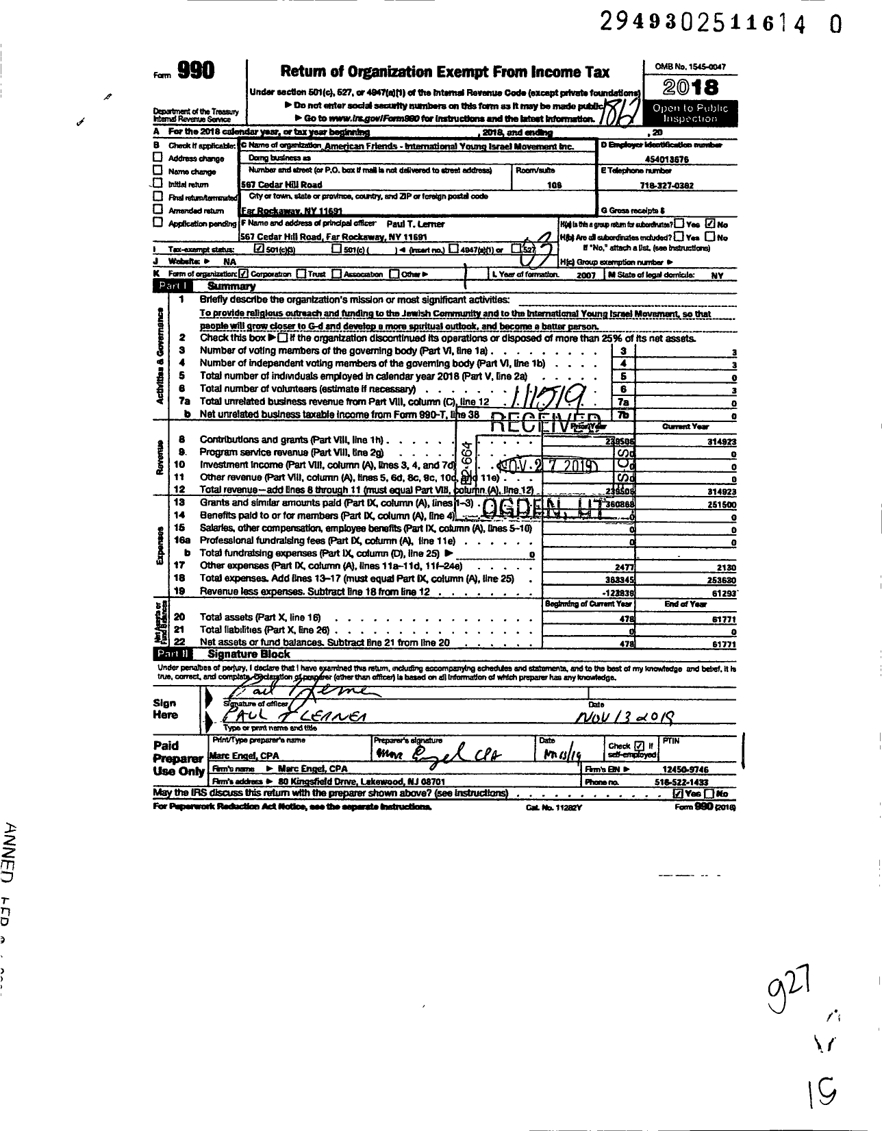 Image of first page of 2018 Form 990 for American Friends-International Young Israel Movement