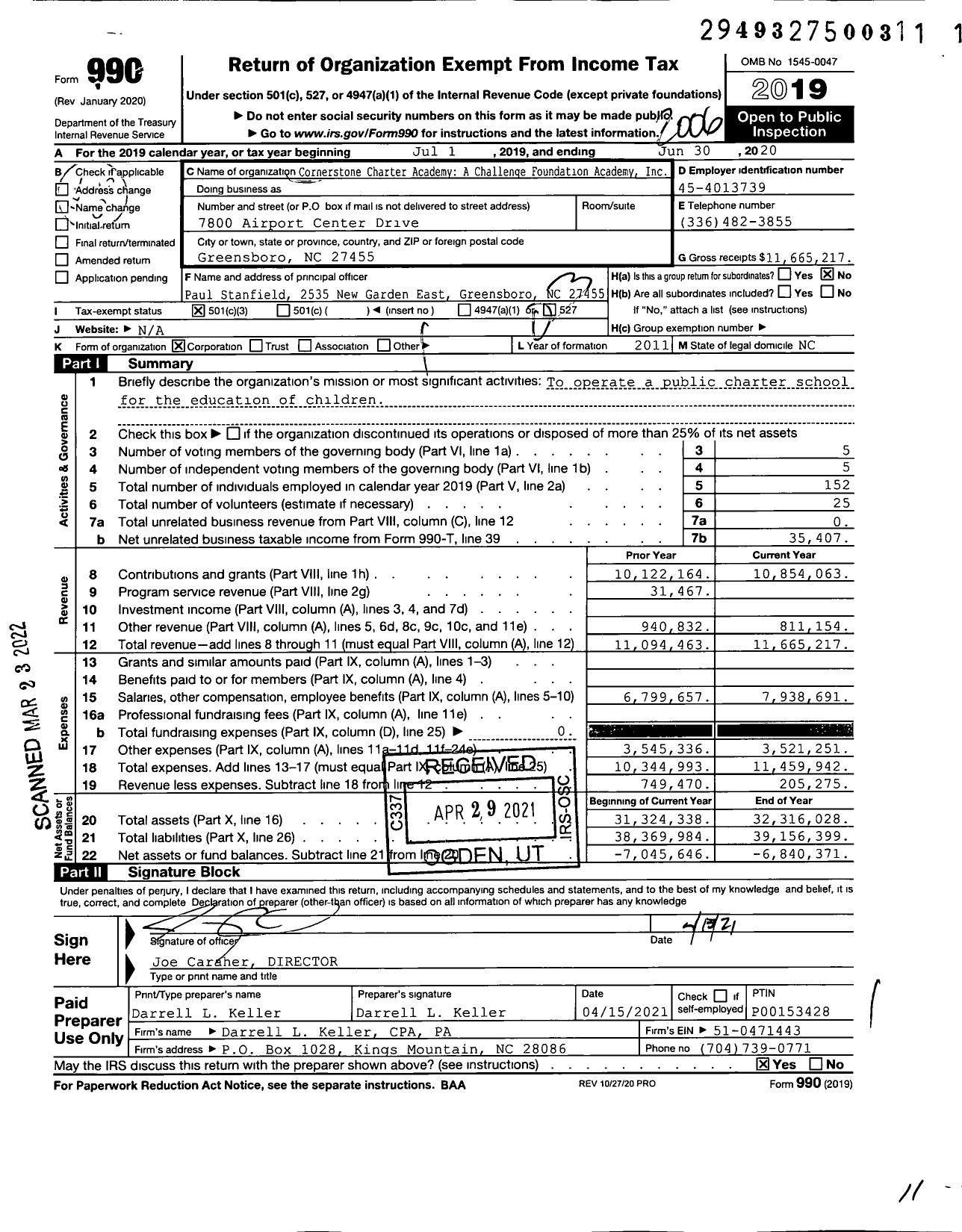 Image of first page of 2019 Form 990 for Cornerstone Charter Academy a Challenge Foundation Academy