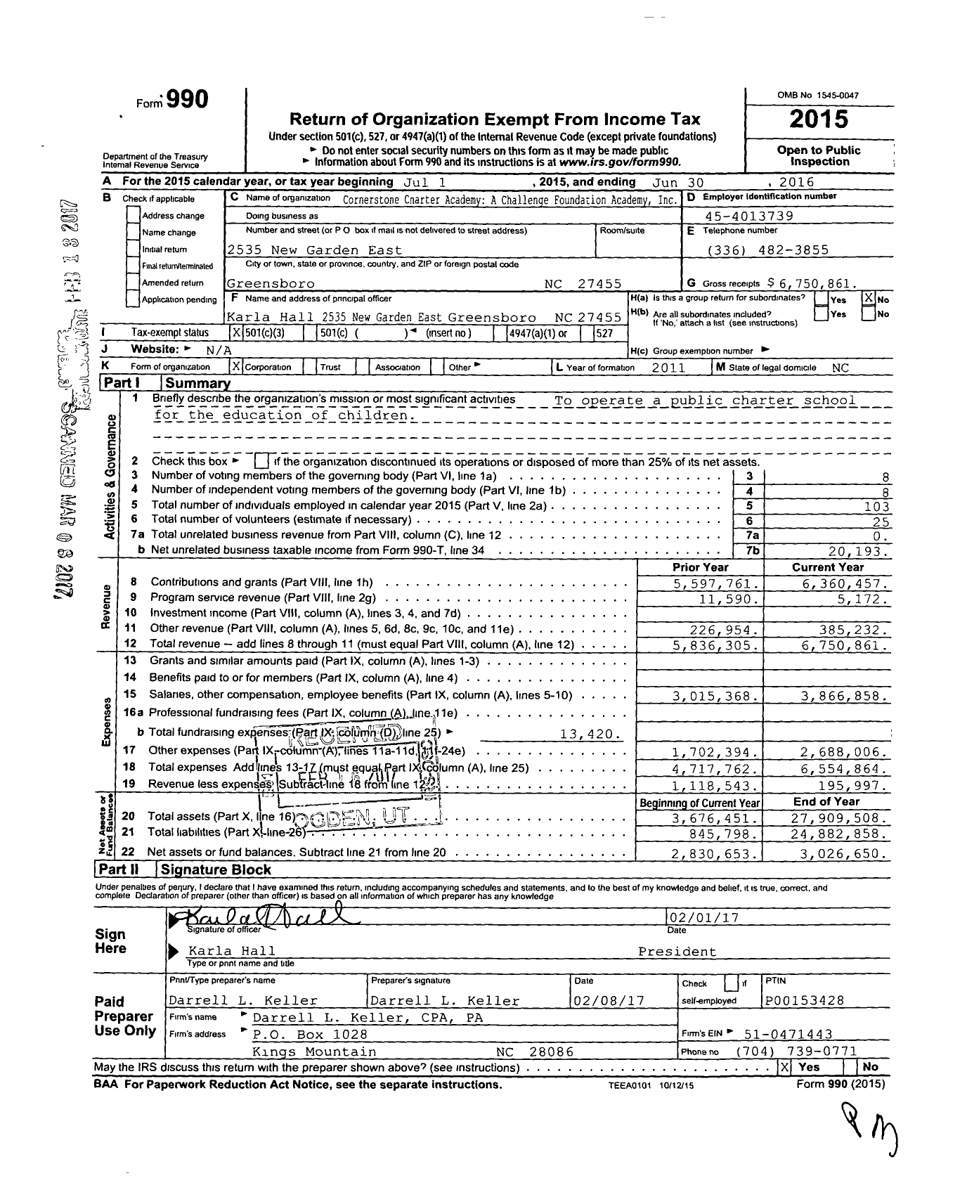 Image of first page of 2015 Form 990 for Cornerstone Charter Academy a Challenge Foundation Academy