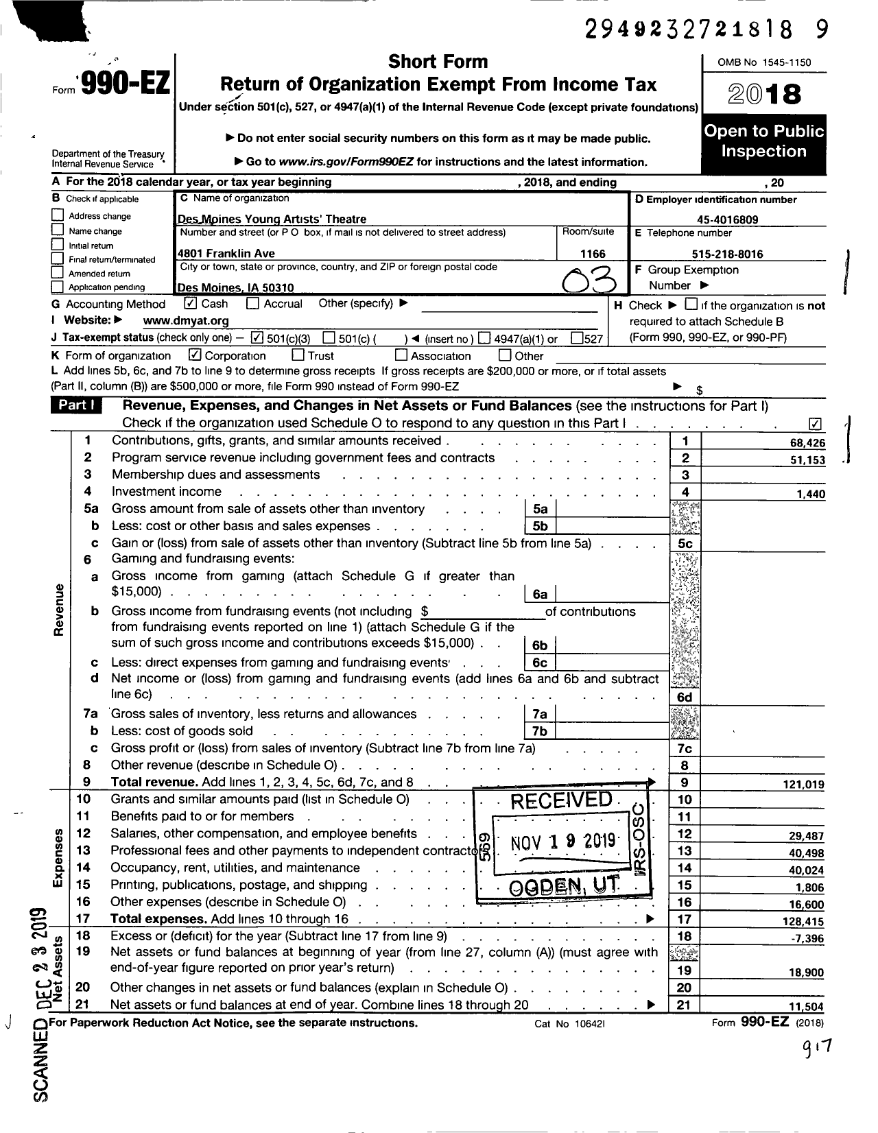 Image of first page of 2018 Form 990EZ for Des Moines Young Artists Theatre