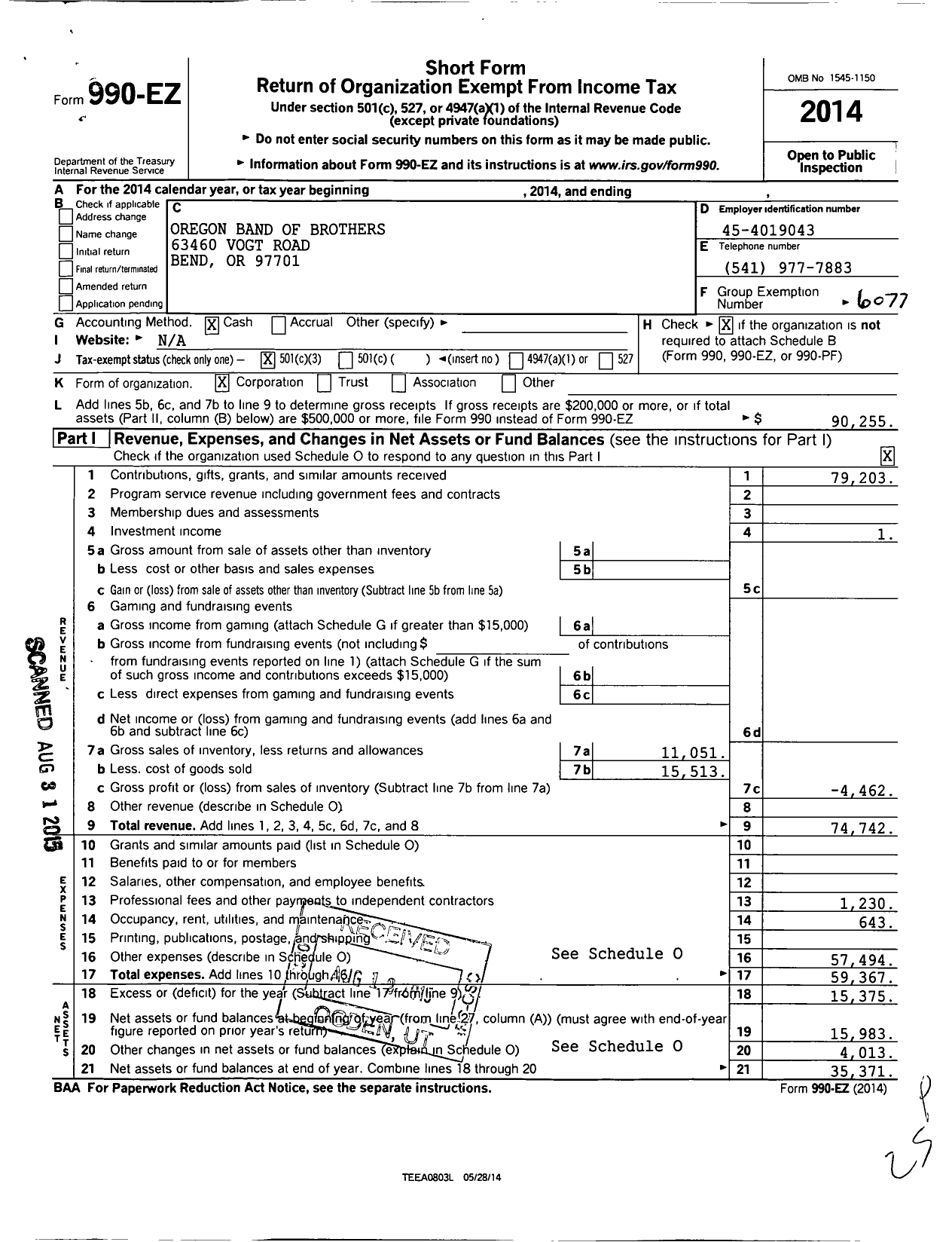 Image of first page of 2014 Form 990EZ for Oregon Band of Brothers