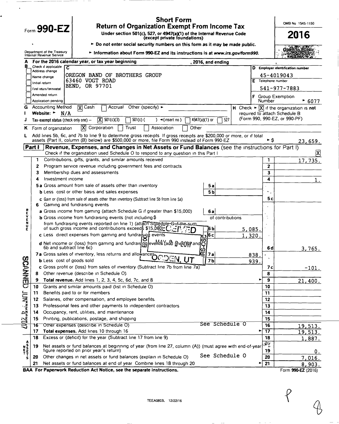 Image of first page of 2016 Form 990EZ for Oregon Band of Brothers