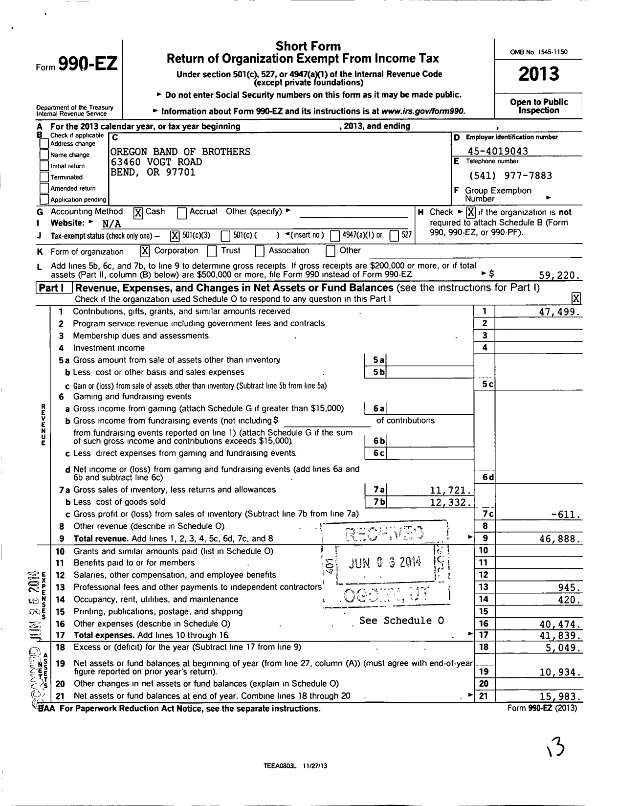 Image of first page of 2013 Form 990EZ for Oregon Band of Brothers