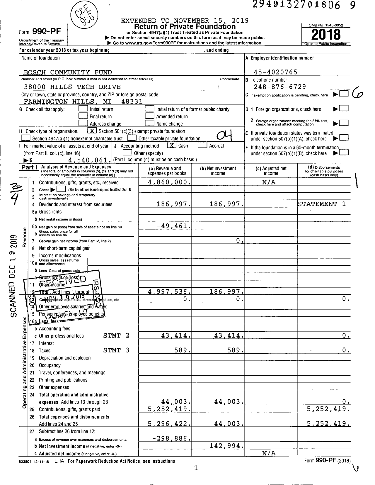 Image of first page of 2018 Form 990PF for Bosch Community Fund