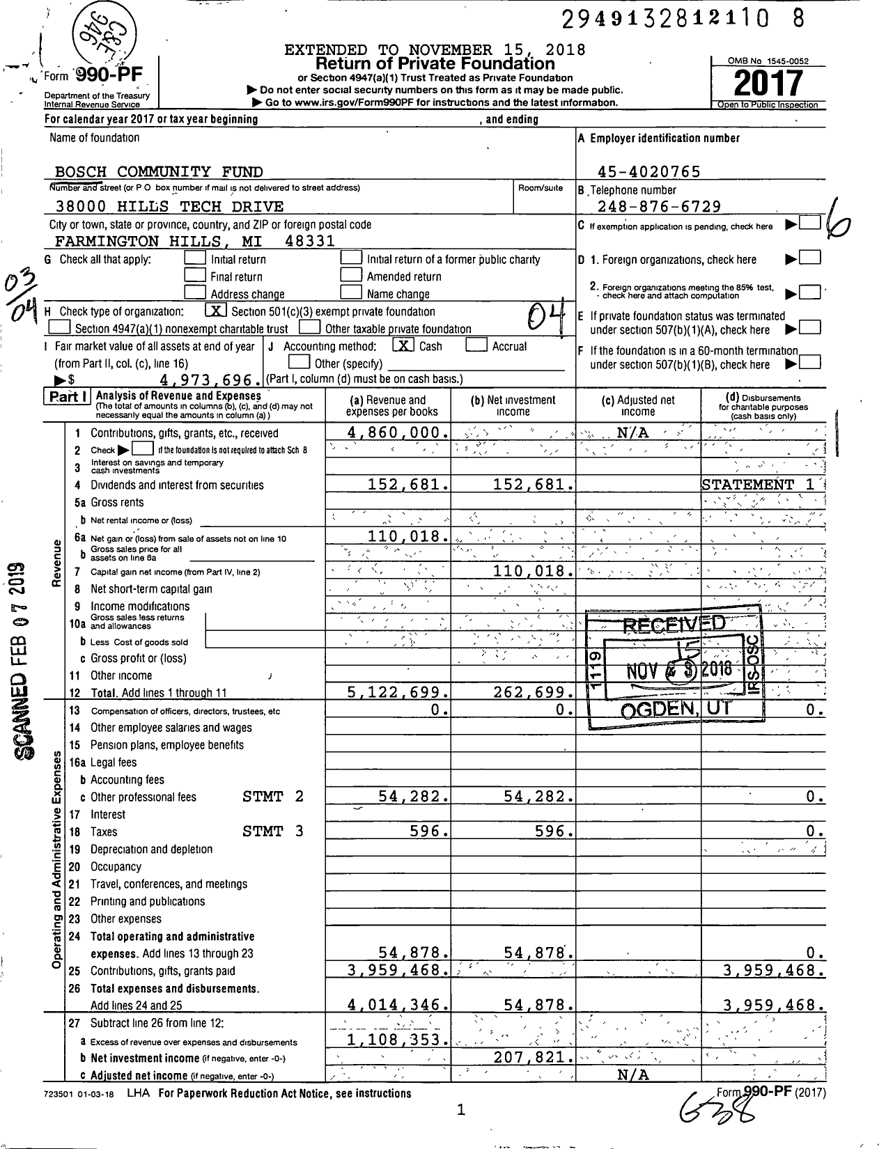 Image of first page of 2017 Form 990PF for Bosch Community Fund