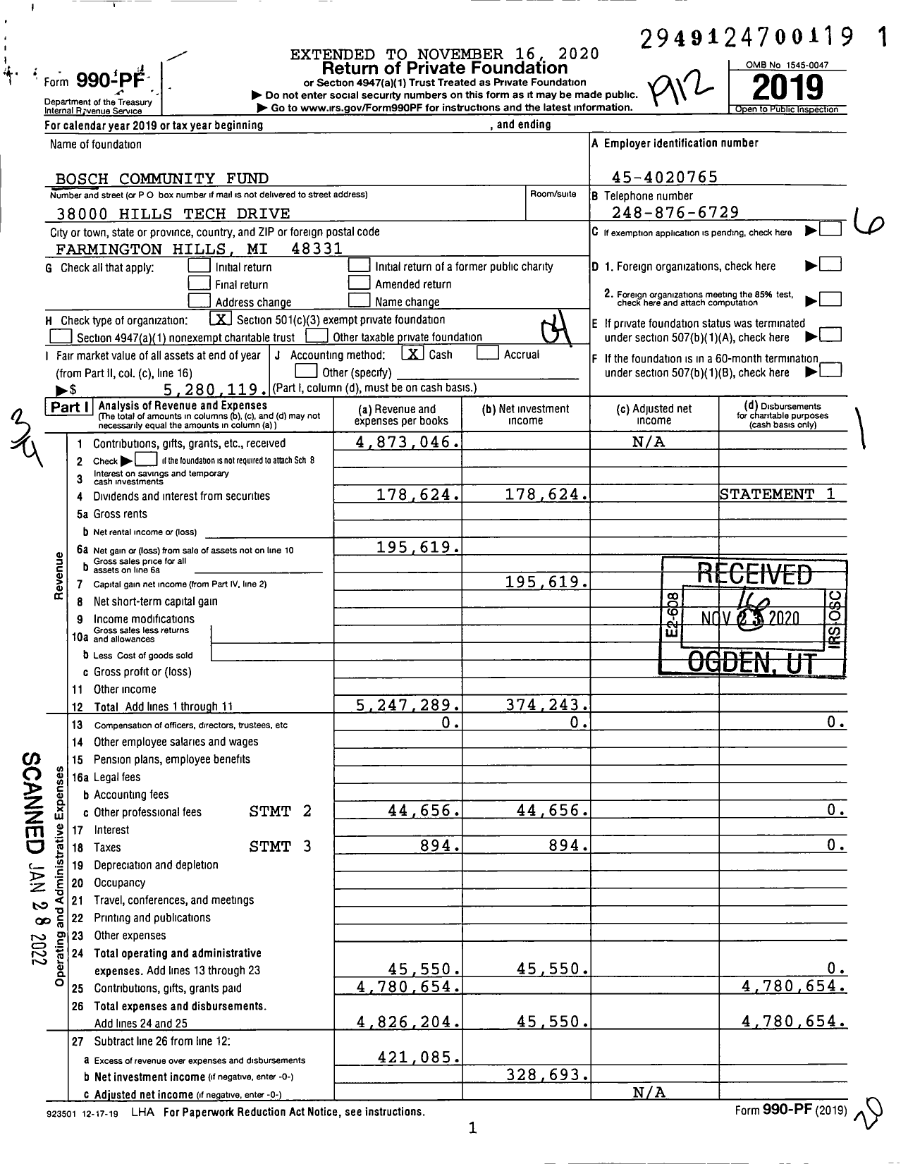 Image of first page of 2019 Form 990PF for Bosch Community Fund