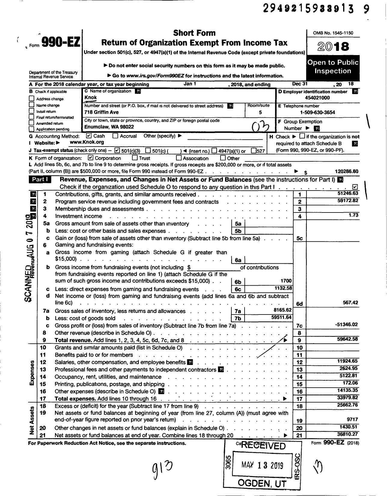 Image of first page of 2018 Form 990EZ for Knok