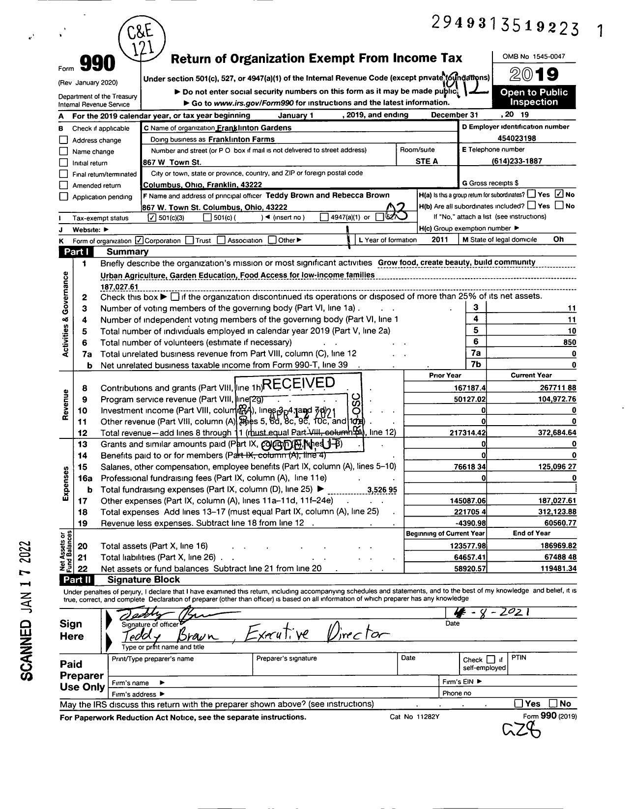 Image of first page of 2019 Form 990 for Franklinton Farms