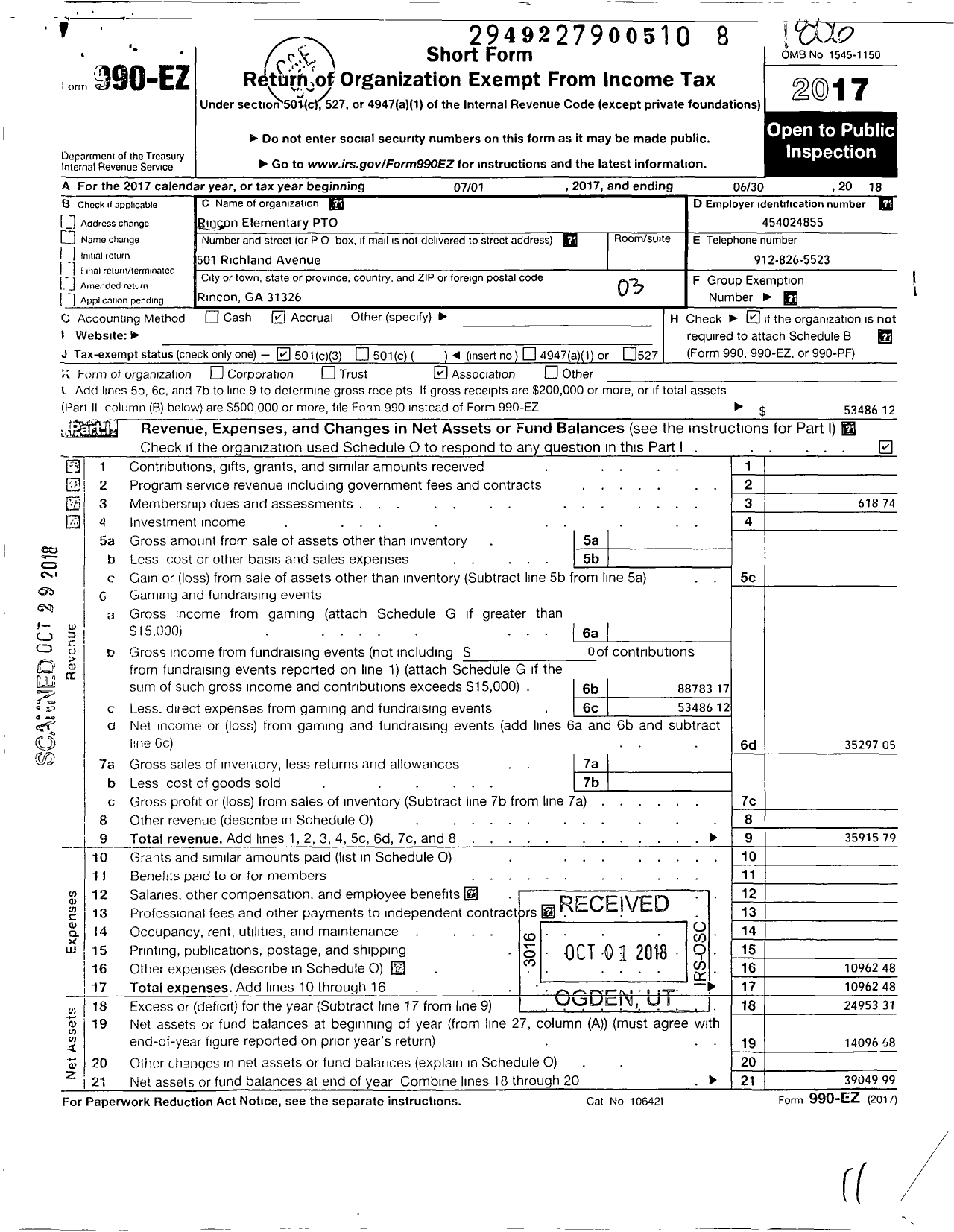 Image of first page of 2017 Form 990EZ for Rincon Elementary Pto