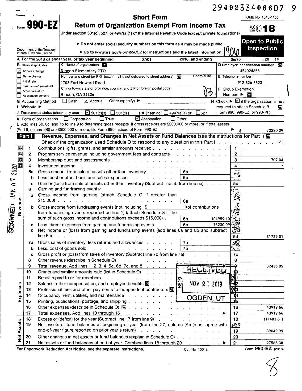 Image of first page of 2018 Form 990EZ for Rincon Elementary Pto