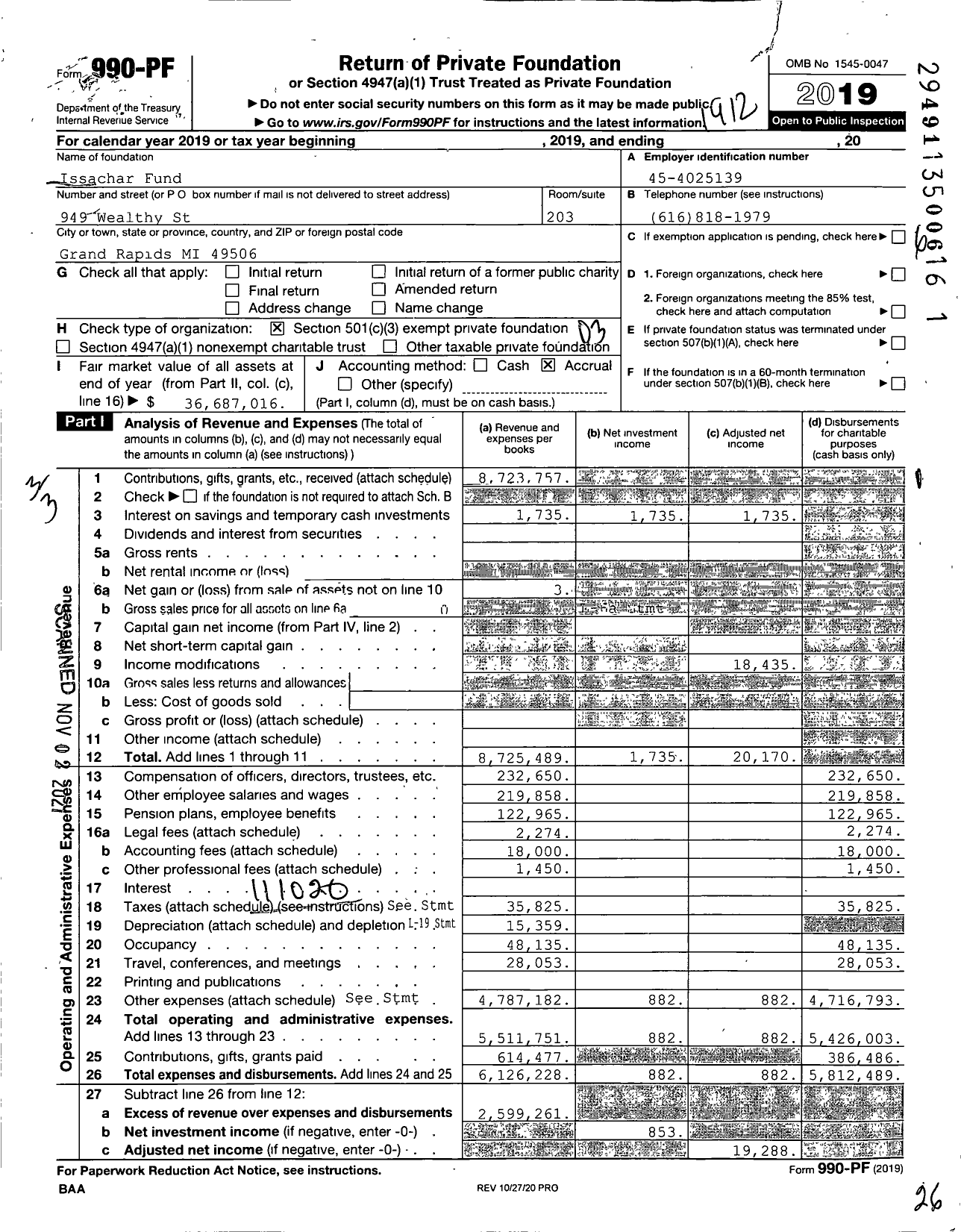 Image of first page of 2019 Form 990PF for Issachar Fund