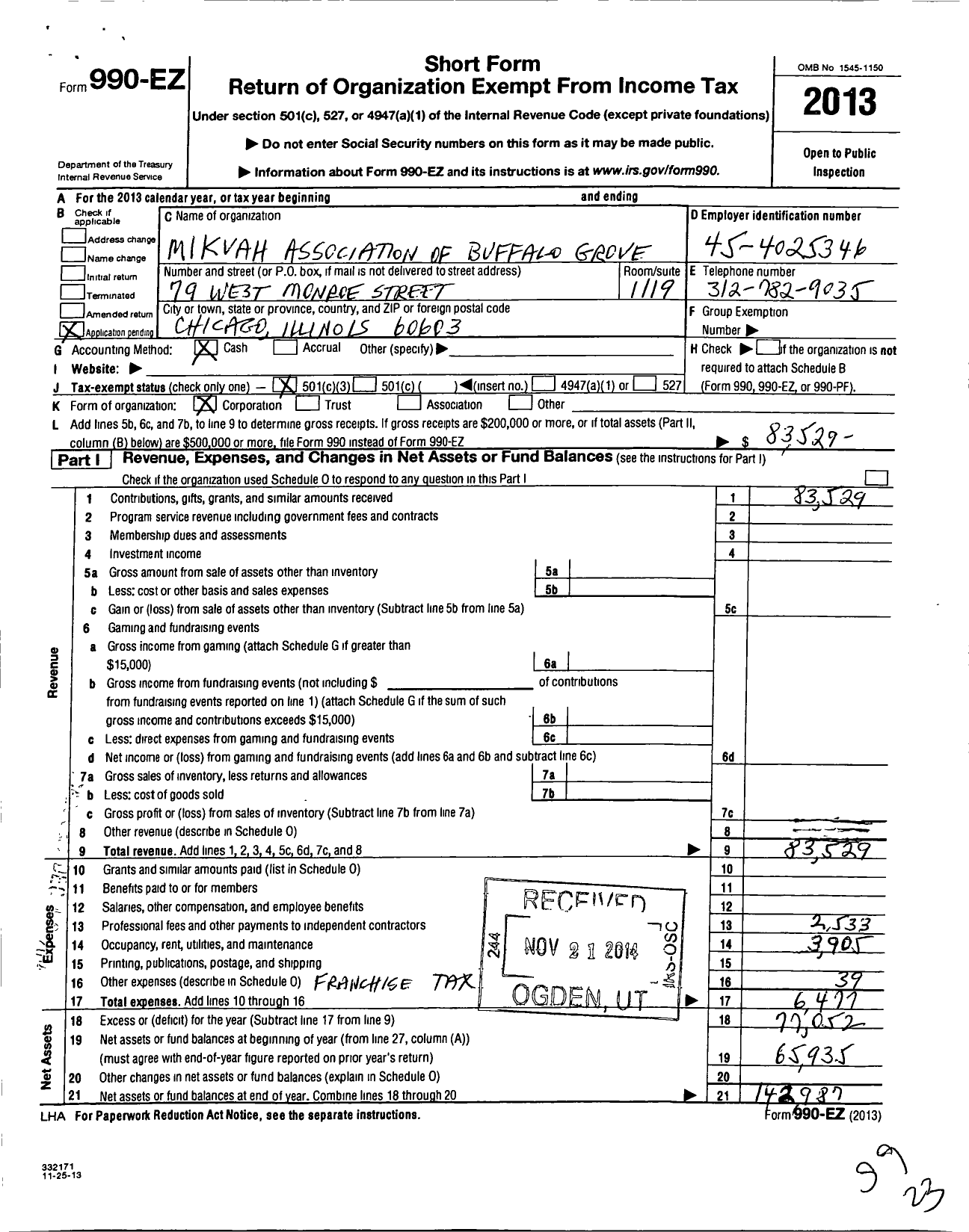 Image of first page of 2013 Form 990EZ for Mikvah Association of Buffalo Grove