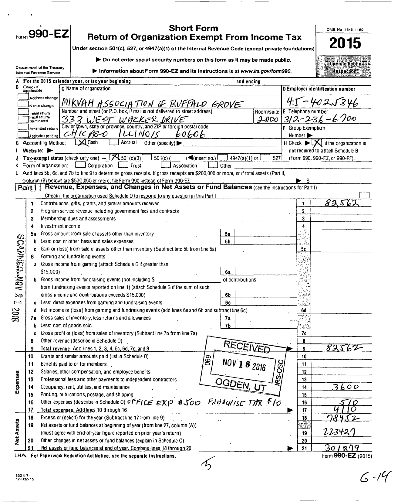 Image of first page of 2015 Form 990EZ for Mikvah Association of Buffalo Grove