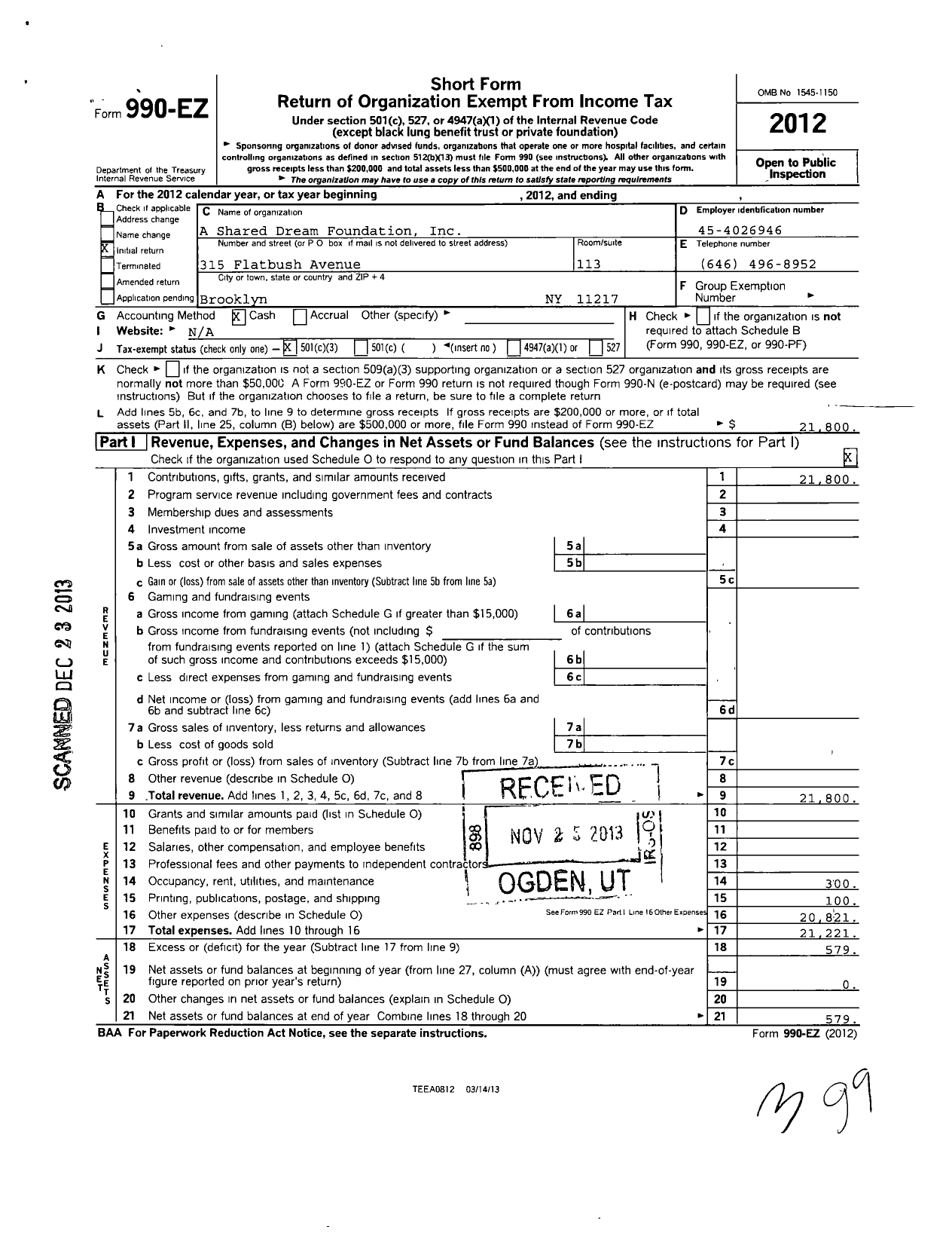 Image of first page of 2012 Form 990EZ for A Shared Dream Foundation