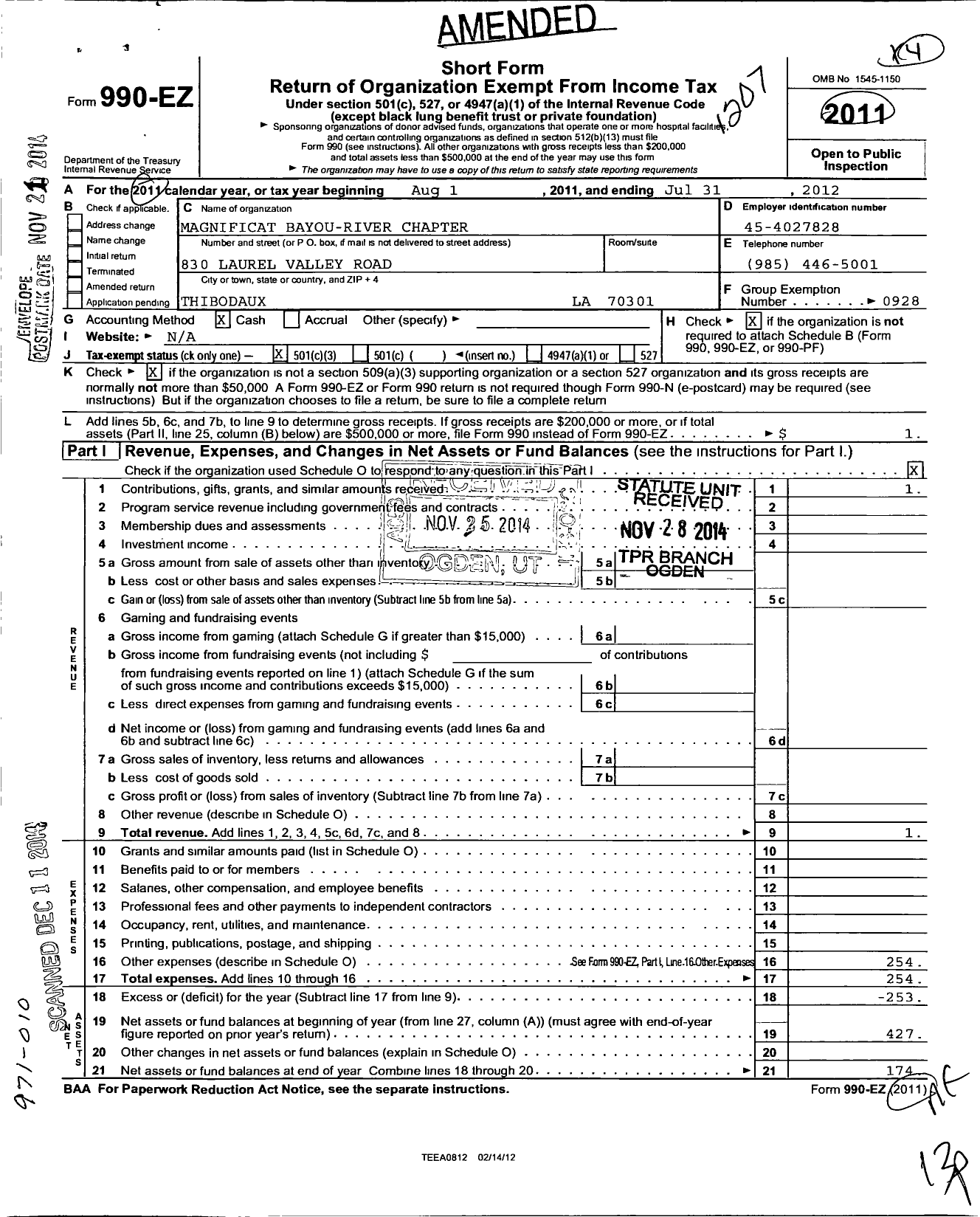 Image of first page of 2011 Form 990EZ for Magnificat Bayou-River Chapter