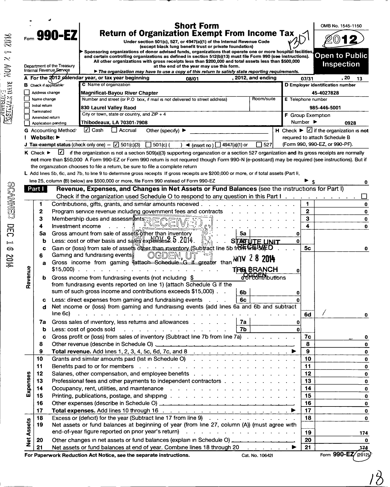 Image of first page of 2012 Form 990EZ for Magnificat Bayou-River Chapter