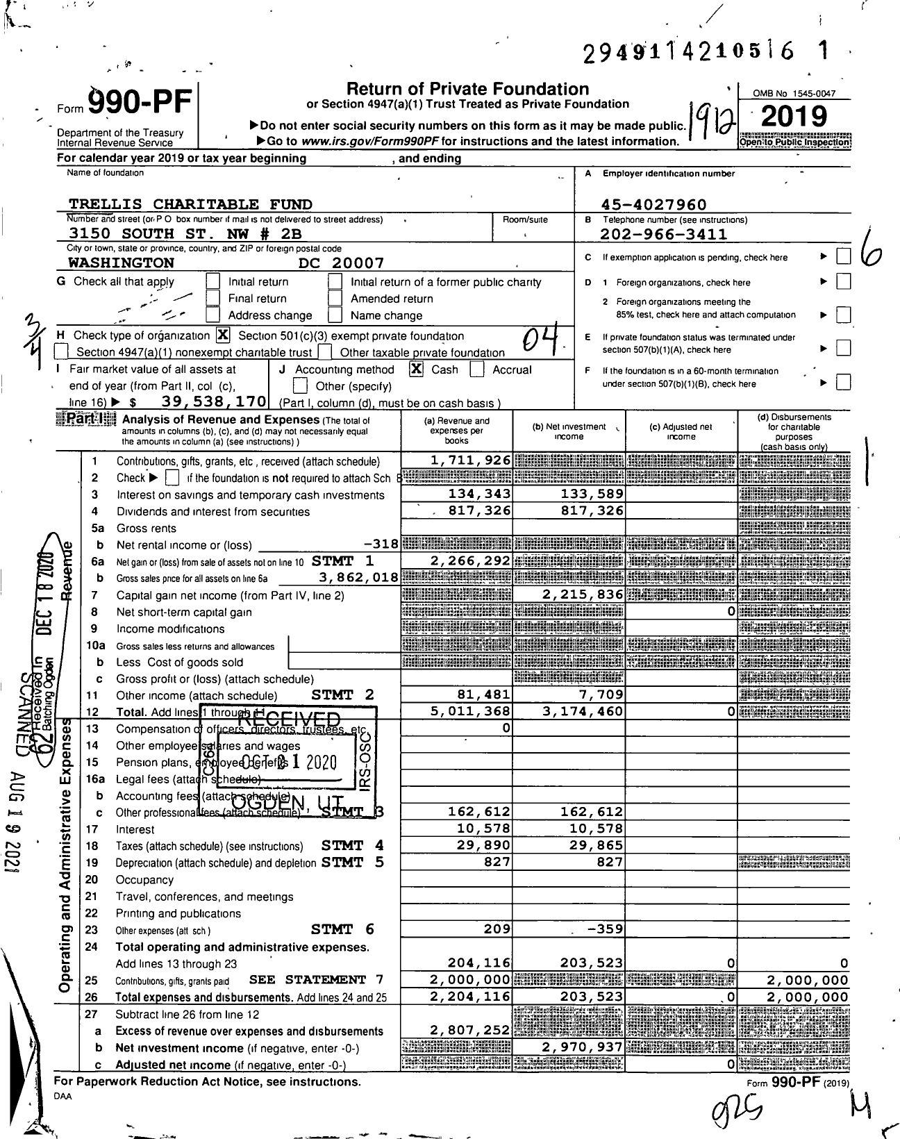 Image of first page of 2019 Form 990PF for Trellis Charitable Fund