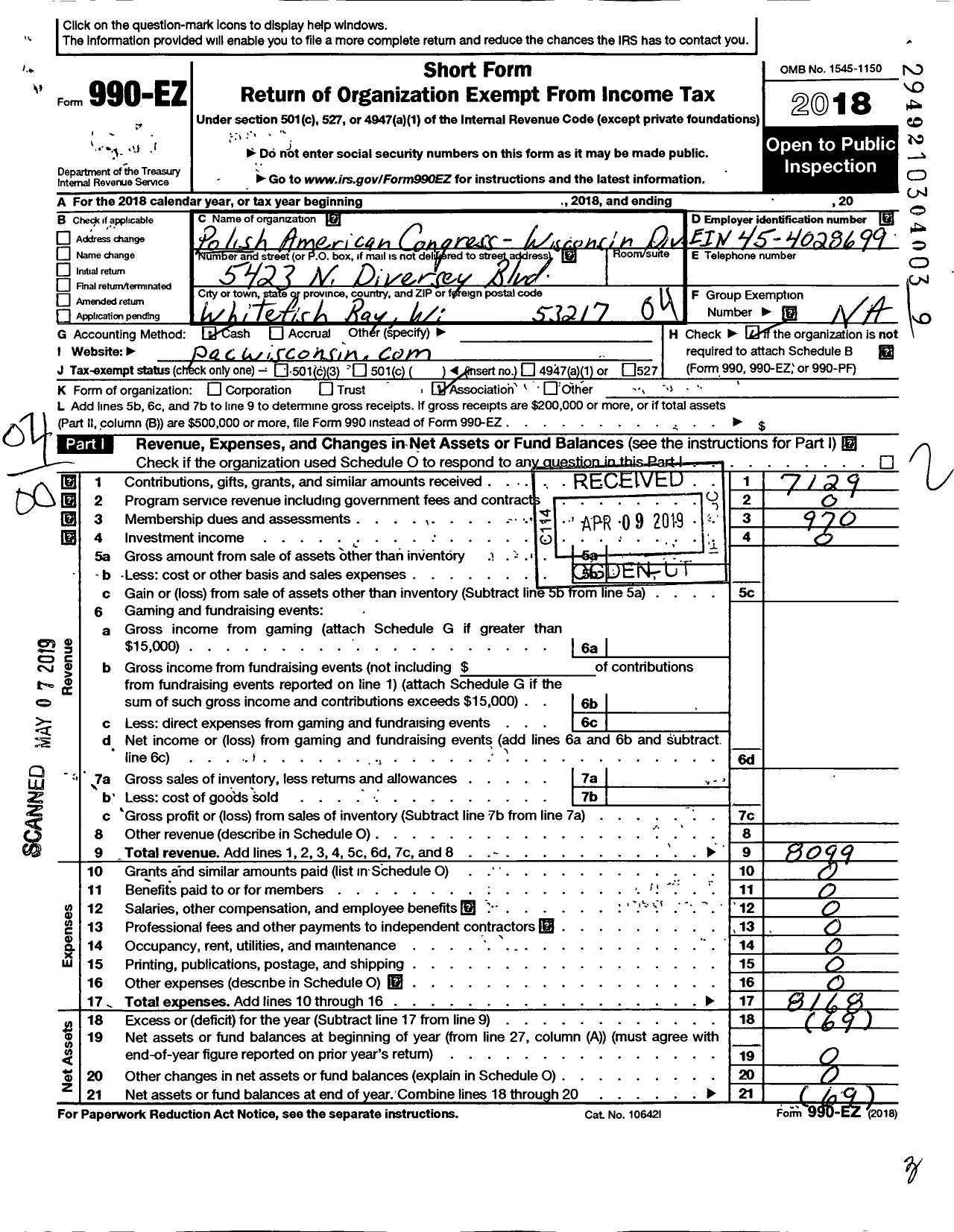 Image of first page of 2018 Form 990EO for Polish American Congress-Wisconsin Division