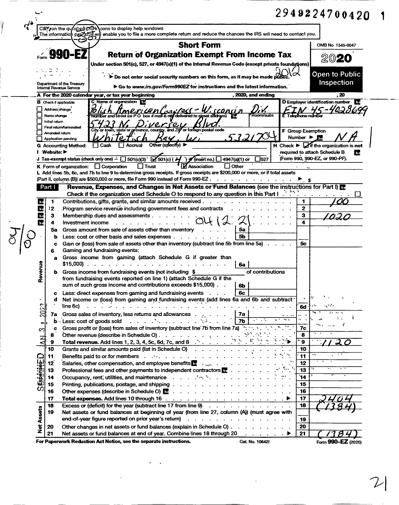 Image of first page of 2020 Form 990EO for Polish American Congress-Wisconsin Division