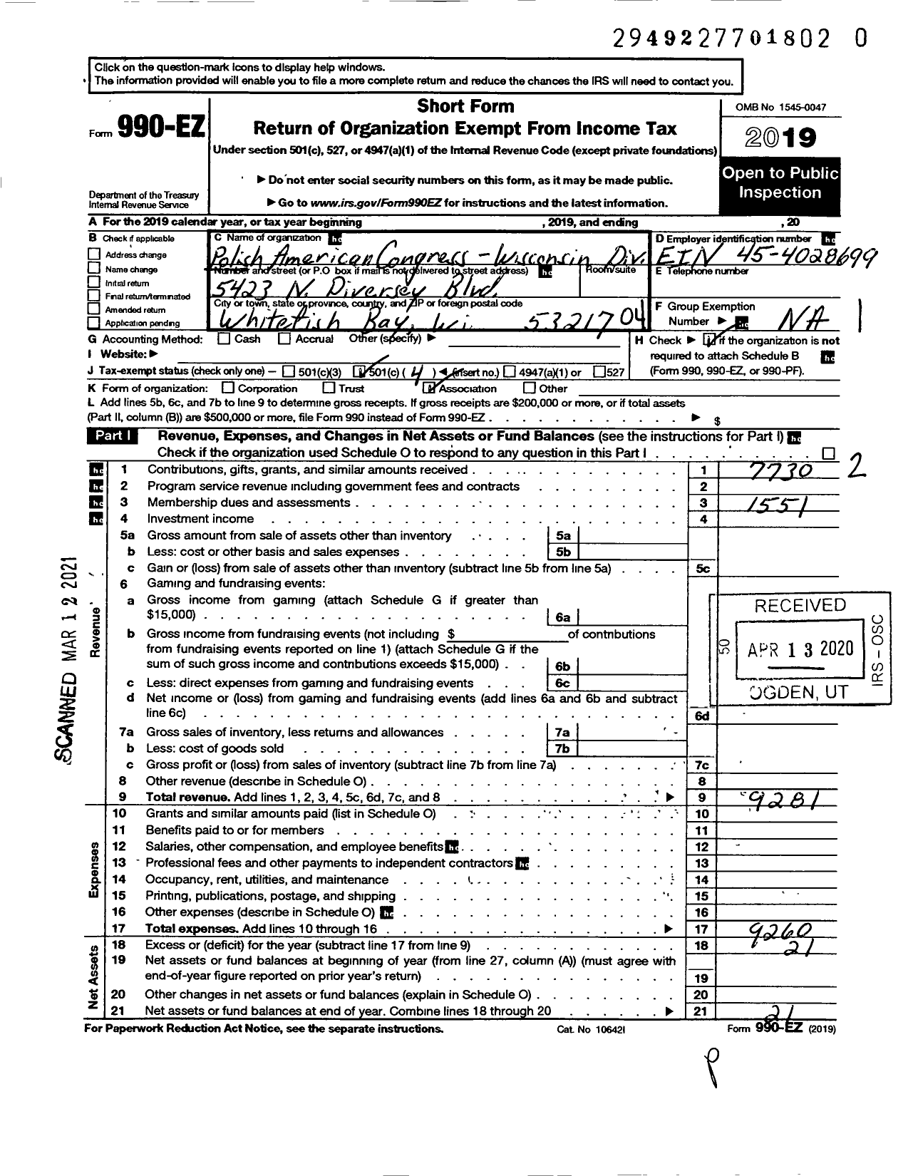 Image of first page of 2019 Form 990EO for Polish American Congress-Wisconsin Division