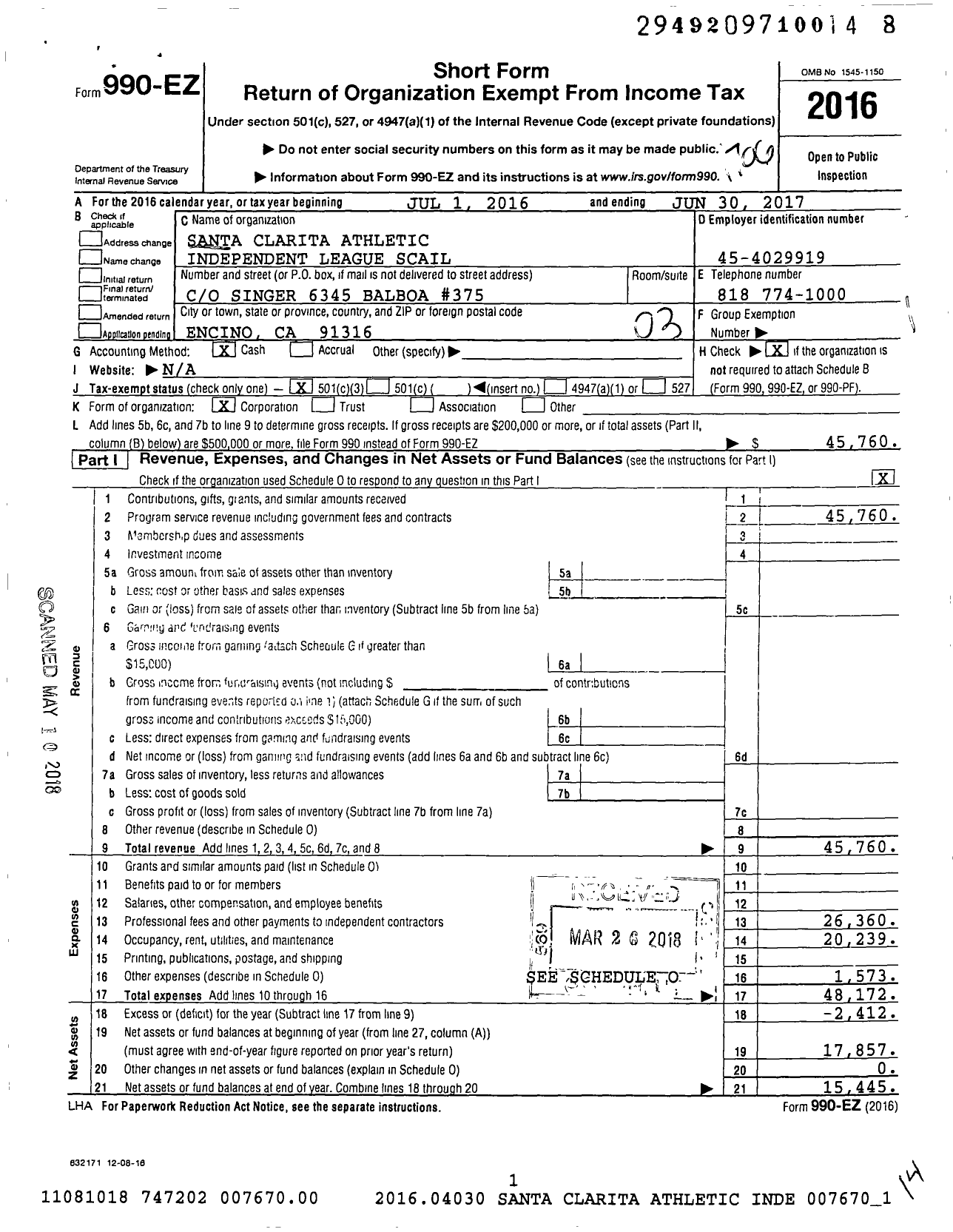 Image of first page of 2016 Form 990EZ for Santa Clarita Athletic Independent League (SCAIL)