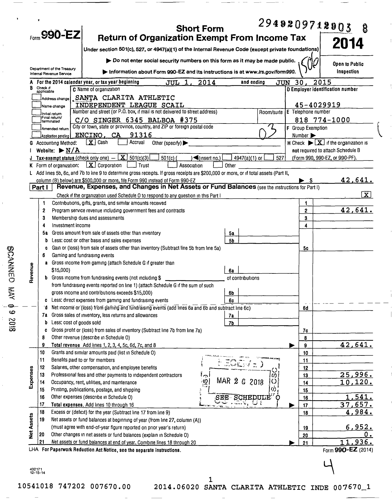 Image of first page of 2014 Form 990EZ for Santa Clarita Athletic Independent League (SCAIL)