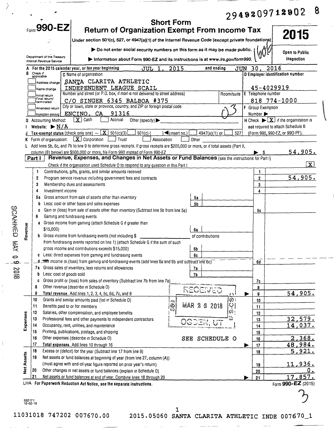 Image of first page of 2015 Form 990EZ for Santa Clarita Athletic Independent League (SCAIL)