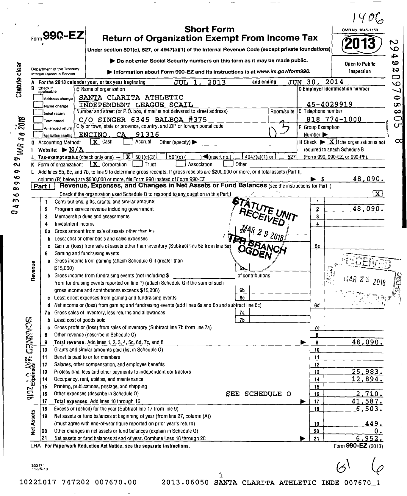 Image of first page of 2013 Form 990EZ for Santa Clarita Athletic Independent League (SCAIL)