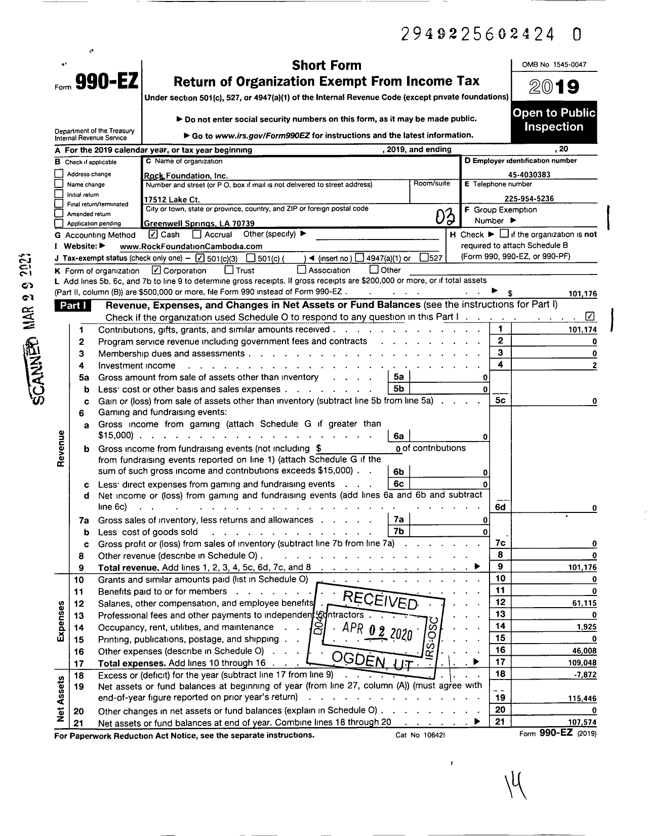 Image of first page of 2019 Form 990EZ for Rock Foundation