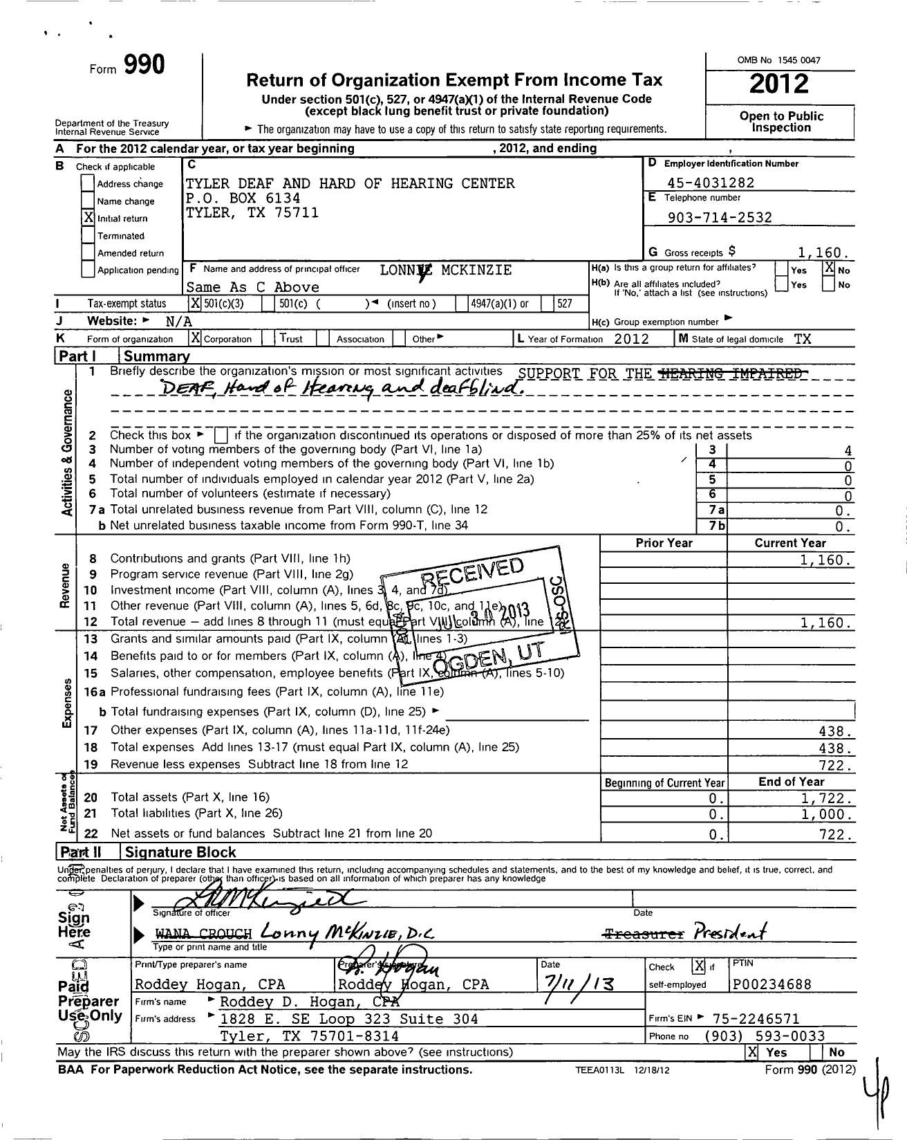 Image of first page of 2012 Form 990 for Tyler Deaf and Hard of Hearing Center