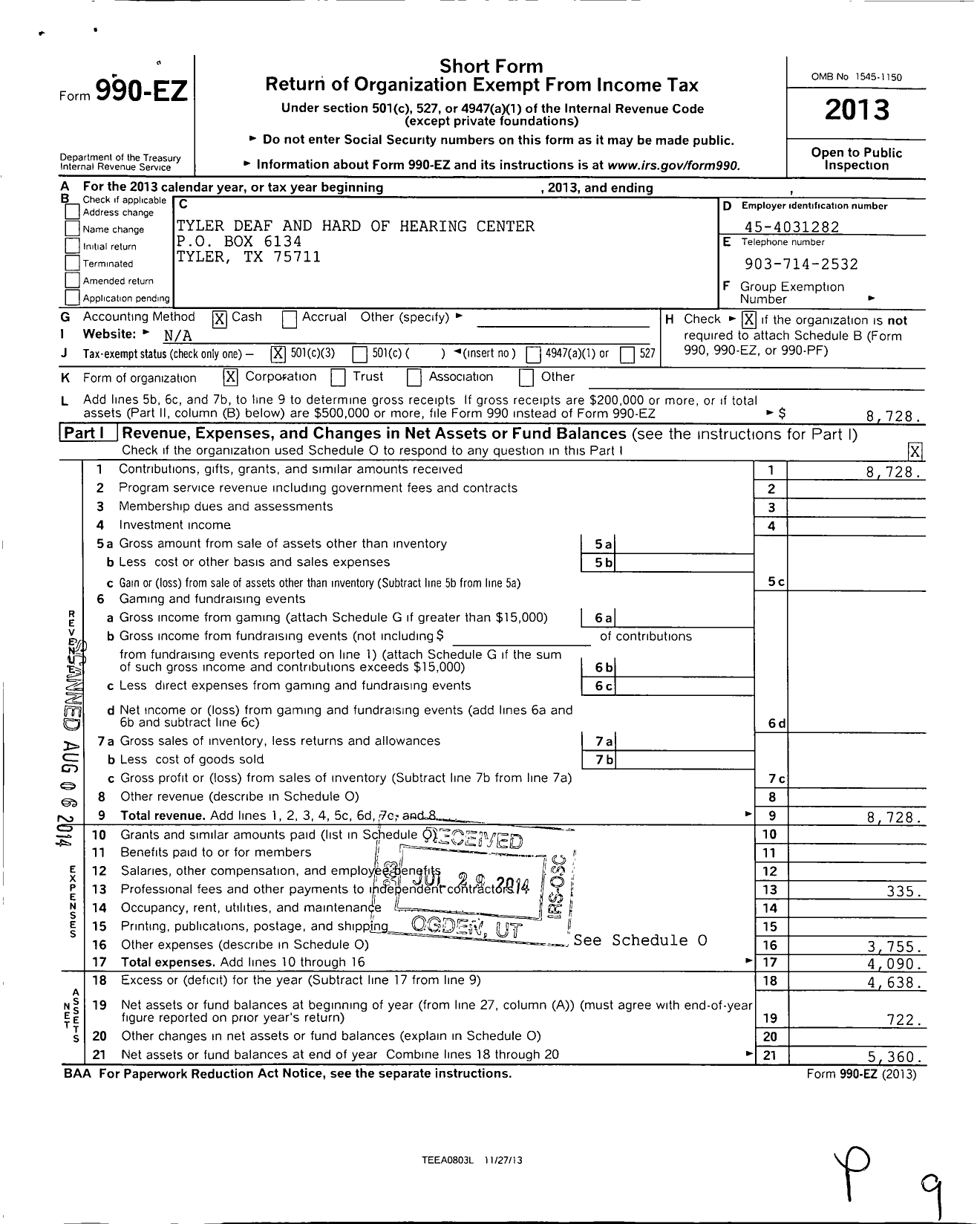 Image of first page of 2013 Form 990EZ for Tyler Deaf and Hard of Hearing Center