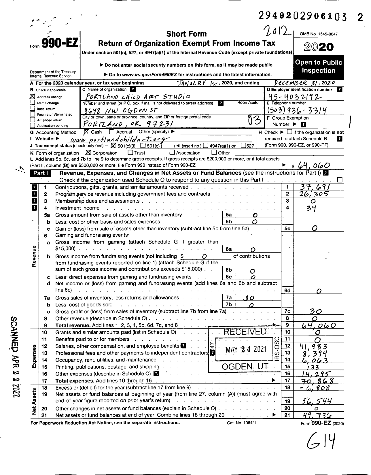 Image of first page of 2020 Form 990EZ for Portland Child Art Studio