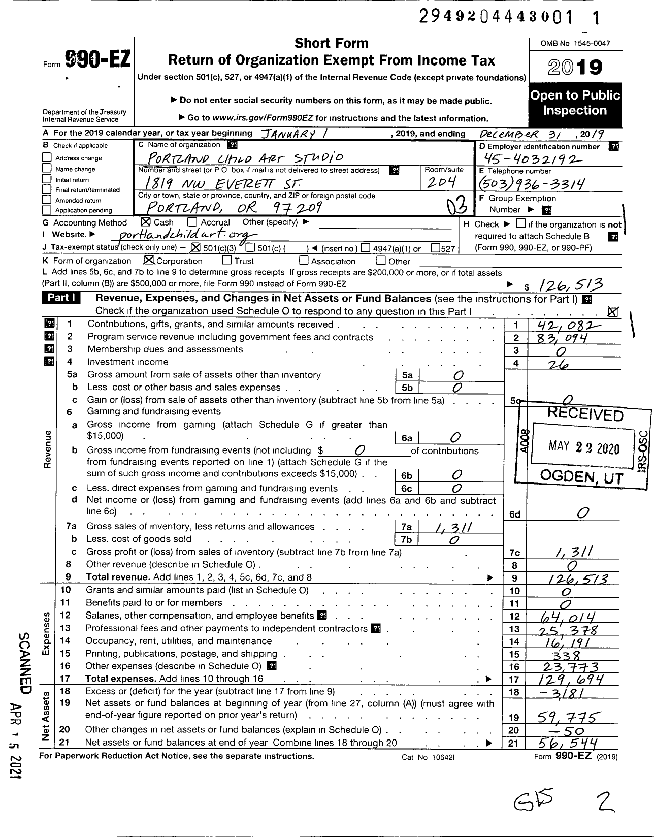 Image of first page of 2019 Form 990EZ for Portland Child Art Studio