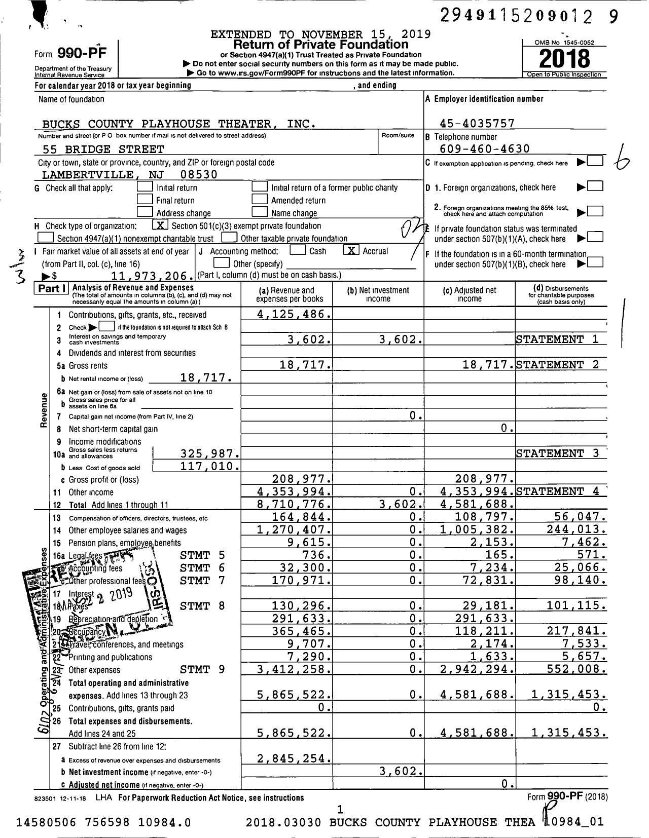 Image of first page of 2018 Form 990PF for Bucks County Playhouse Theater