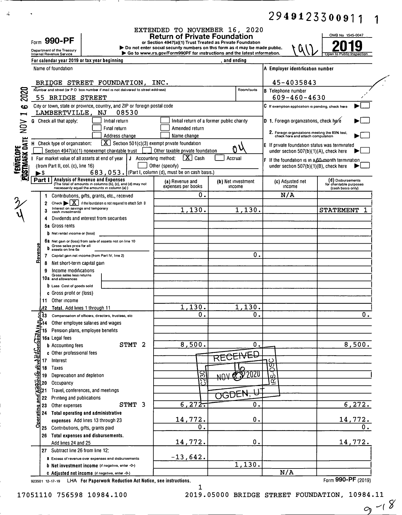 Image of first page of 2019 Form 990PF for Bridge Street Foundation