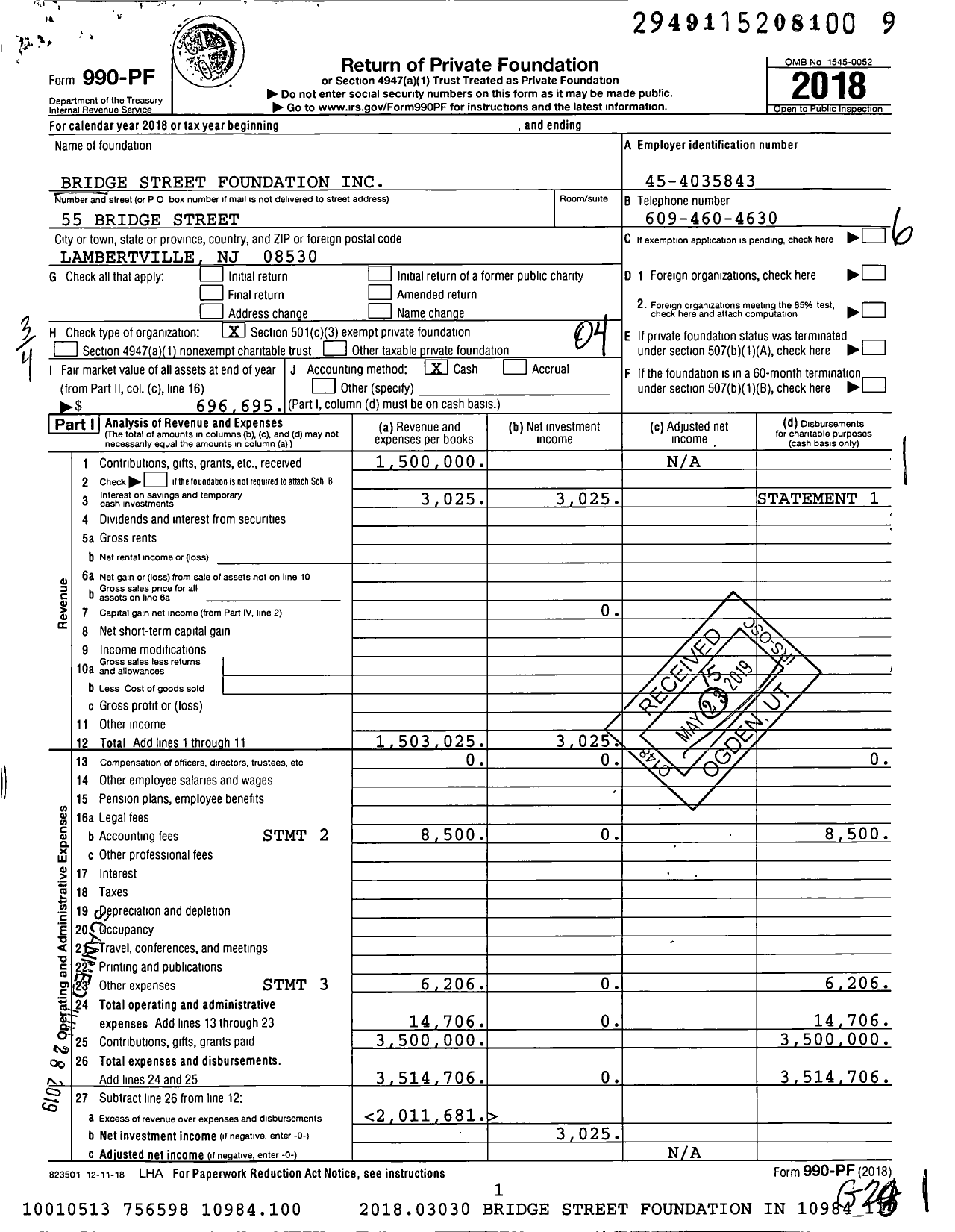 Image of first page of 2018 Form 990PF for Bridge Street Foundation