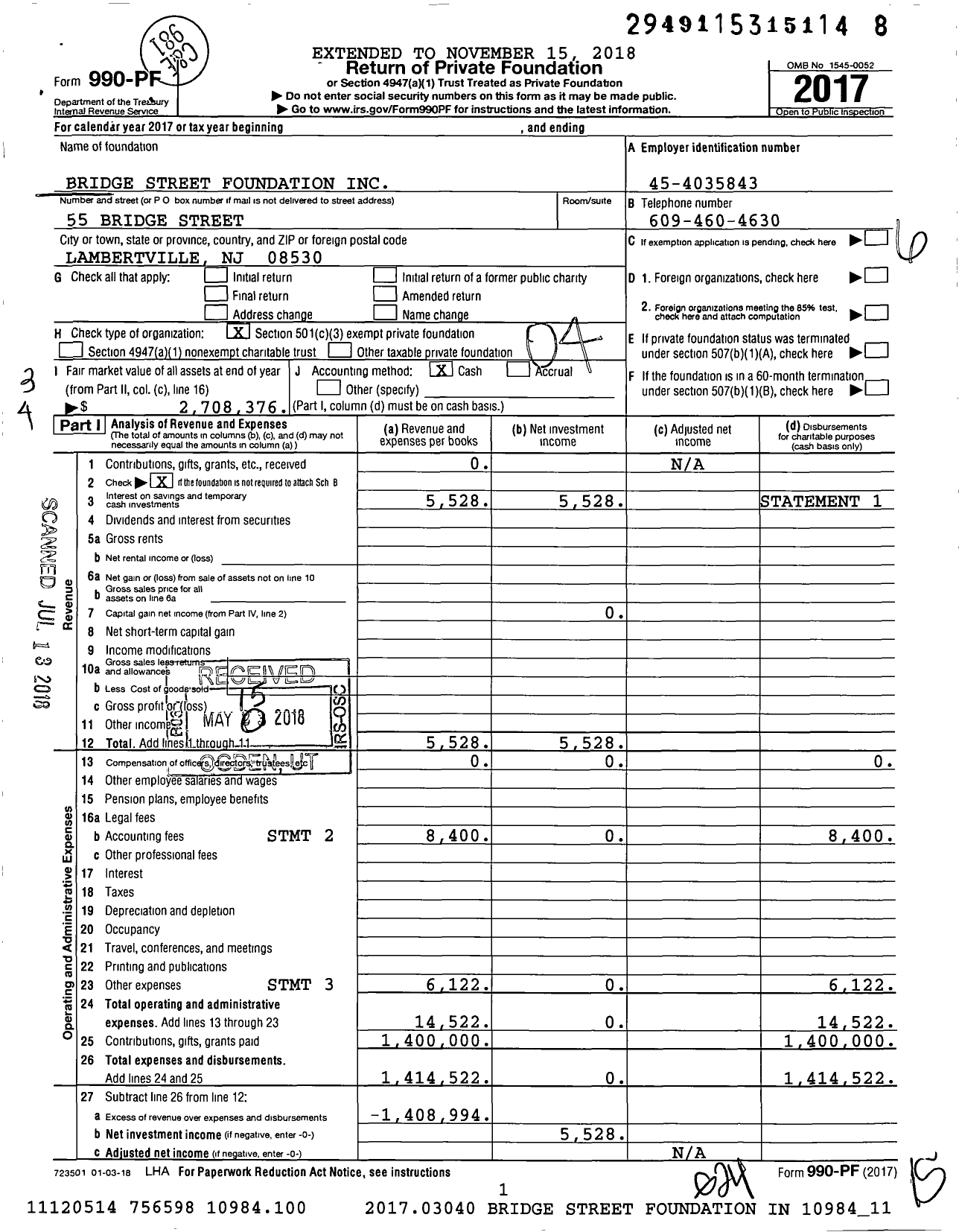 Image of first page of 2017 Form 990PF for Bridge Street Foundation
