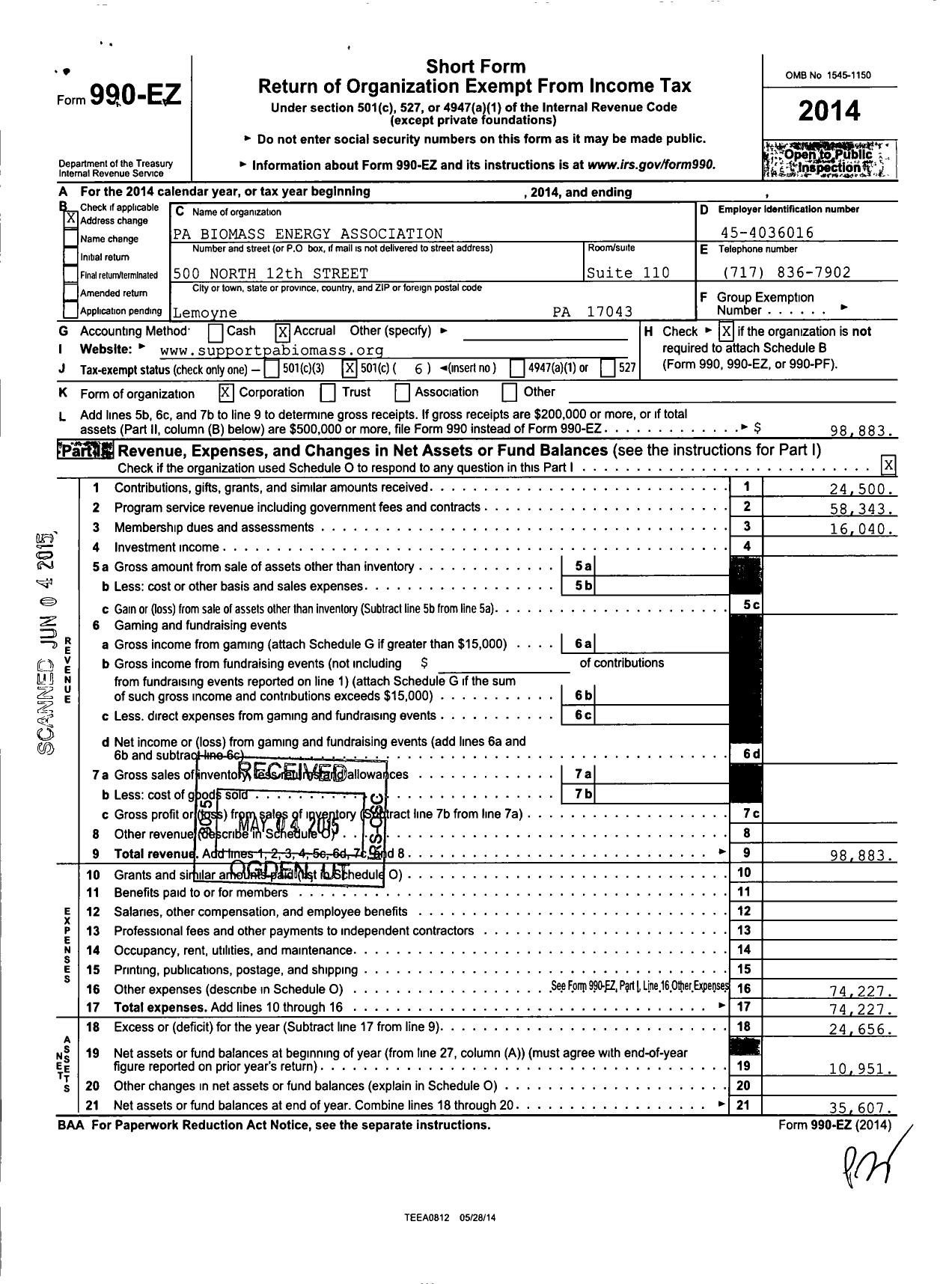 Image of first page of 2014 Form 990EO for Pa Biomass Energy Association