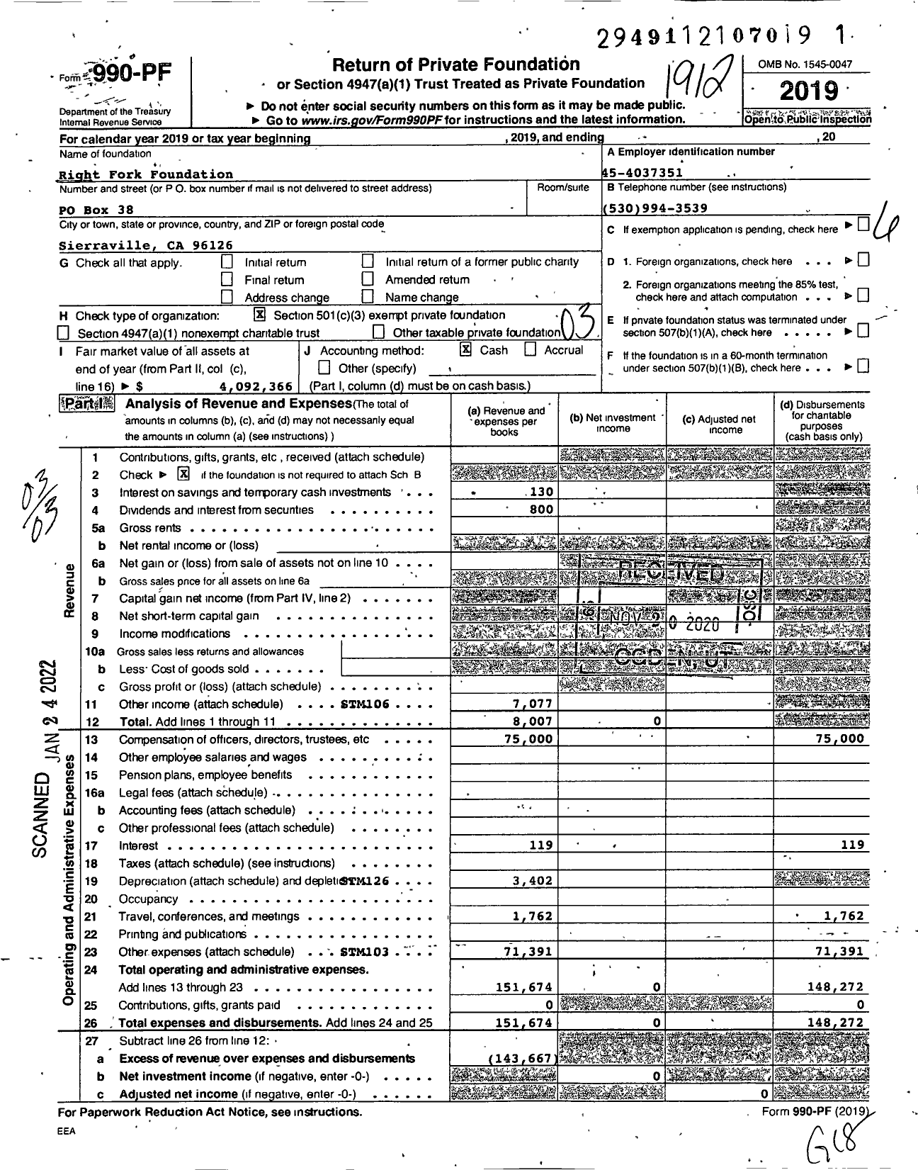 Image of first page of 2019 Form 990PF for Right Fork Foundation